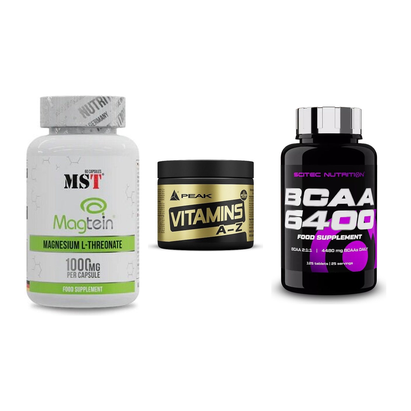 Ausdauer-Set: MST Magnesium + Peak Vitamin A-Z + Scitec BCAA 6400 – alle enthaltenen Artikel