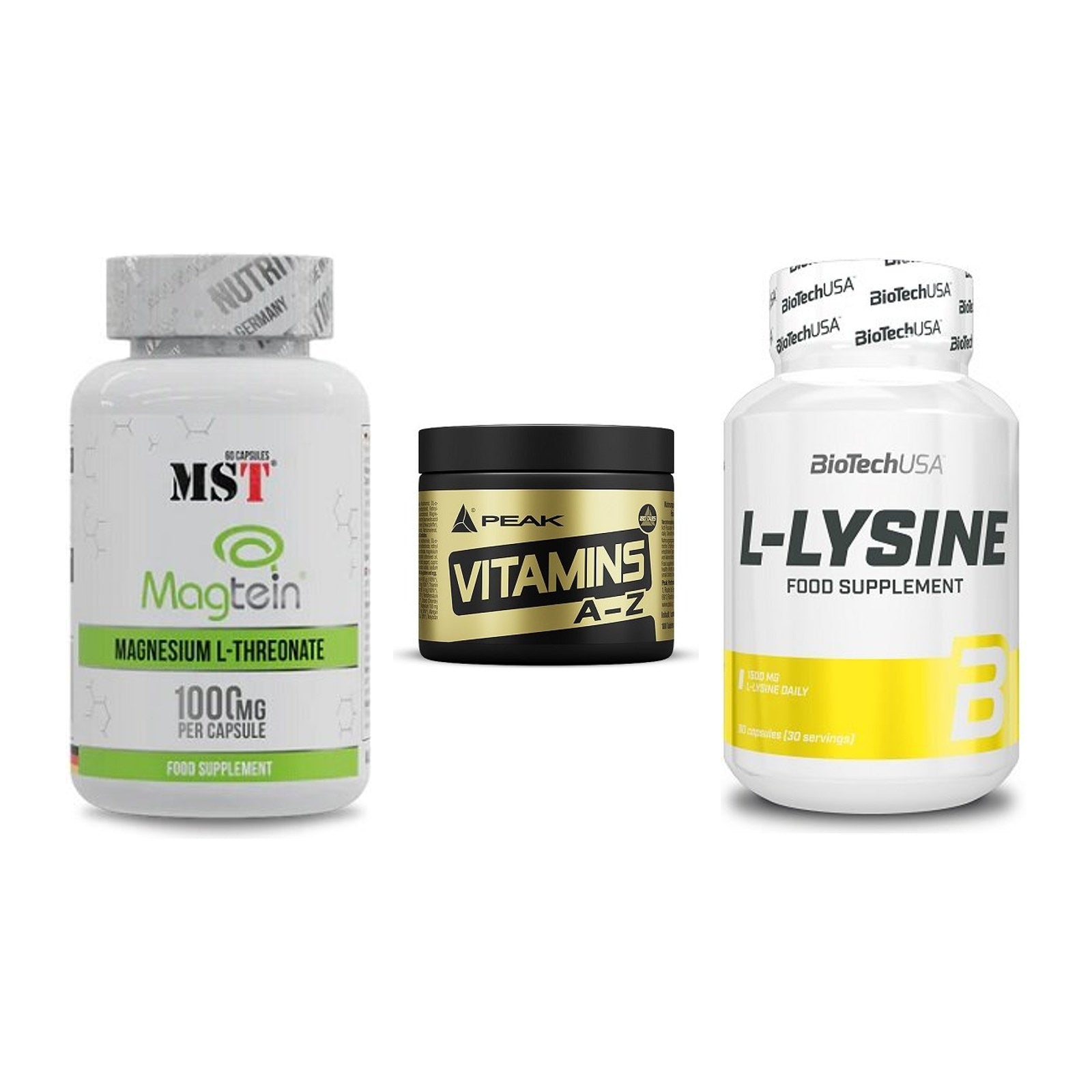 Ausdauer-Set: MST Magnesium + Peak Vitamin A-Z + BioTech L-Lysine – alle enthaltenen Artikel