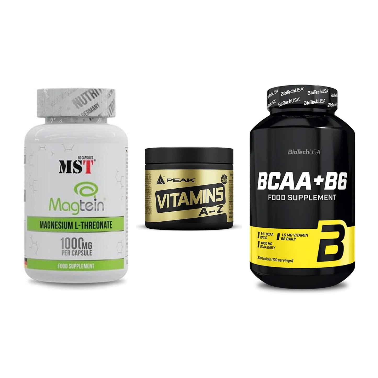 Ausdauer-Set: MST Magnesium + Peak Vitamin A-Z + BioTech BCAA+B6 – alle enthaltenen Artikel