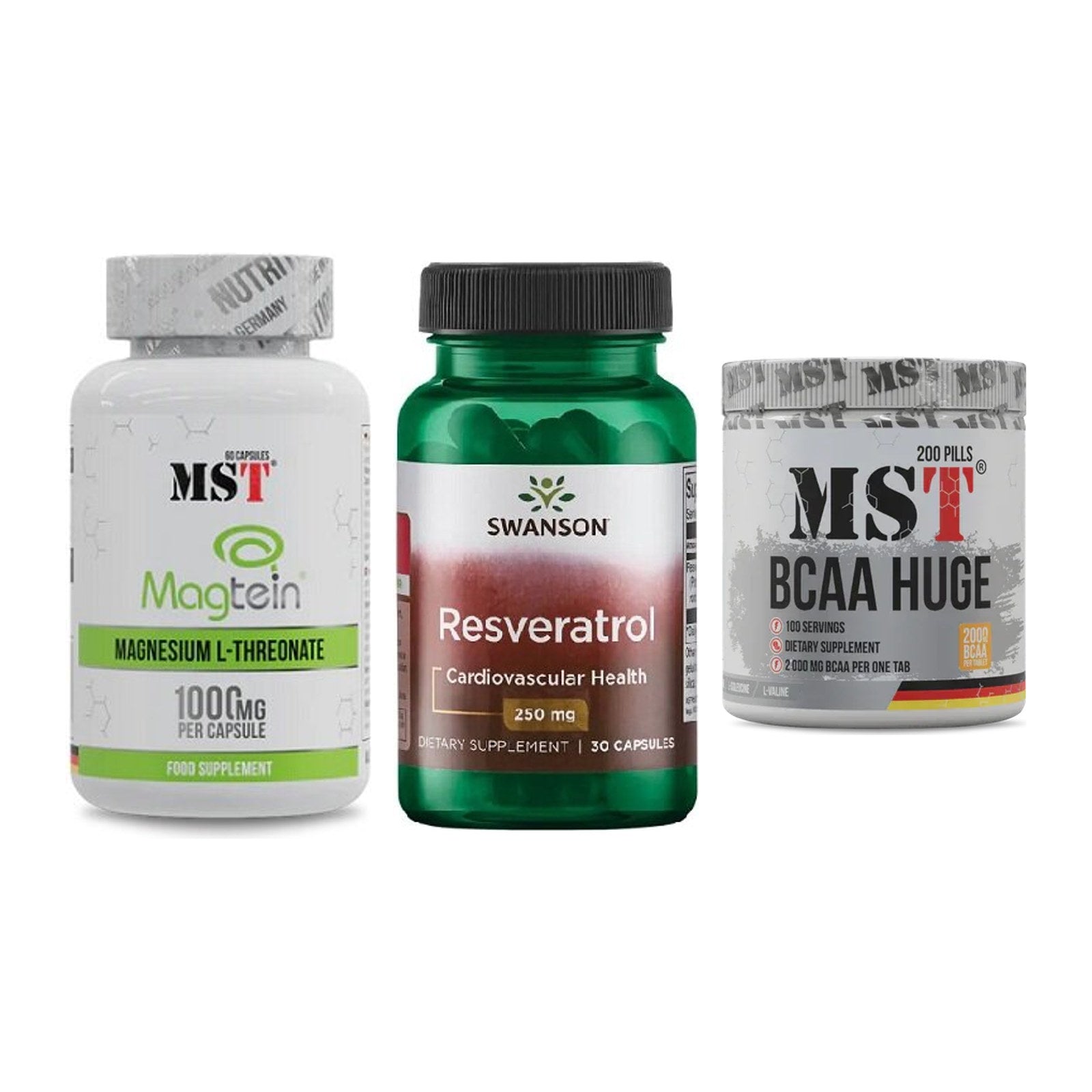 Ausdauer-Set: MST Magnesium + Swanson Resverat + MST BCAA Huge – alle enthaltenen Artikel