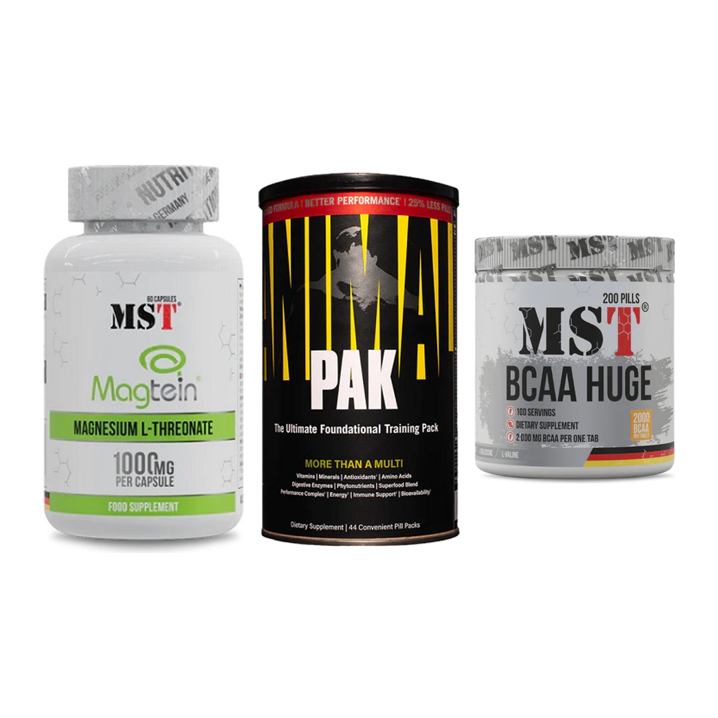 Ausdauer-Set: MST Magnesium + Universal Animal + MST BCAA Huge – alle enthaltenen Artikel