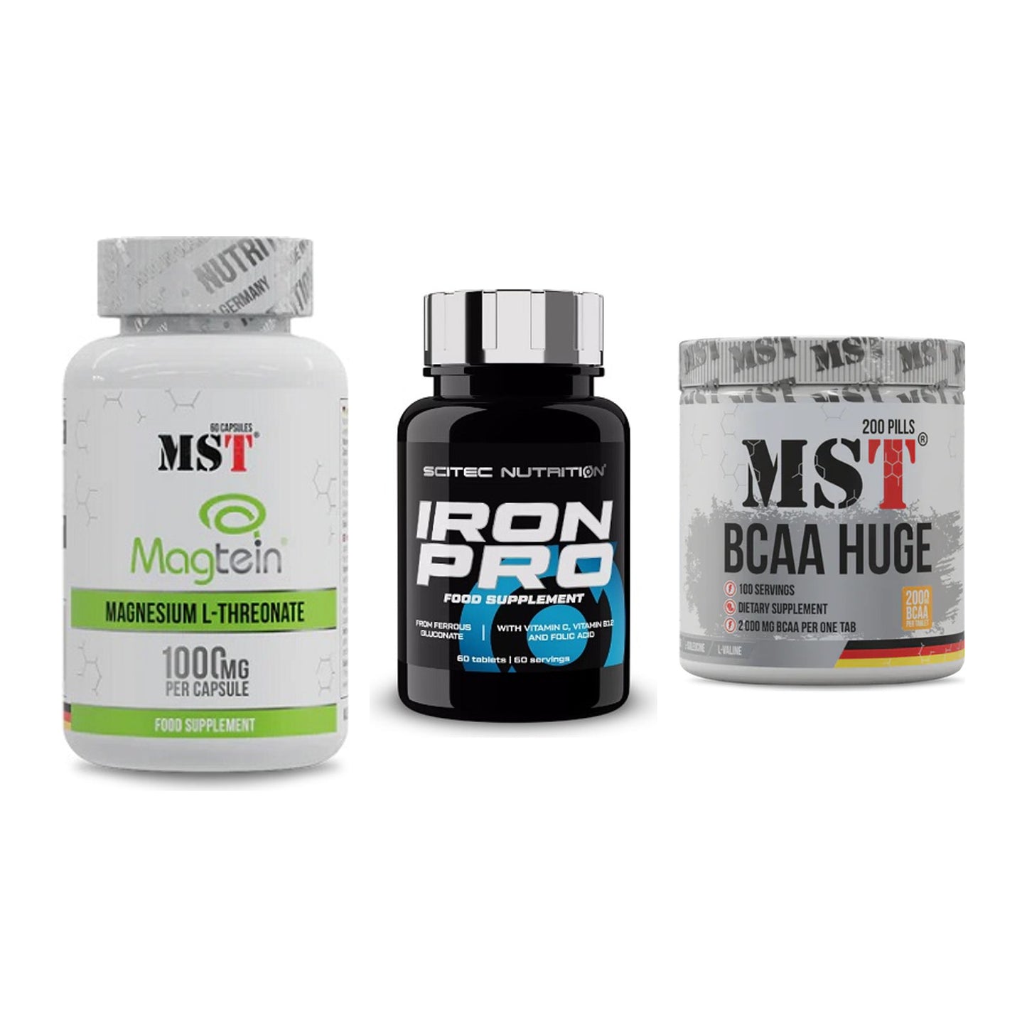 Ausdauer-Set: MST Magnesium + Scitec Iron Pro + MST BCAA Huge – alle enthaltenen Artikel