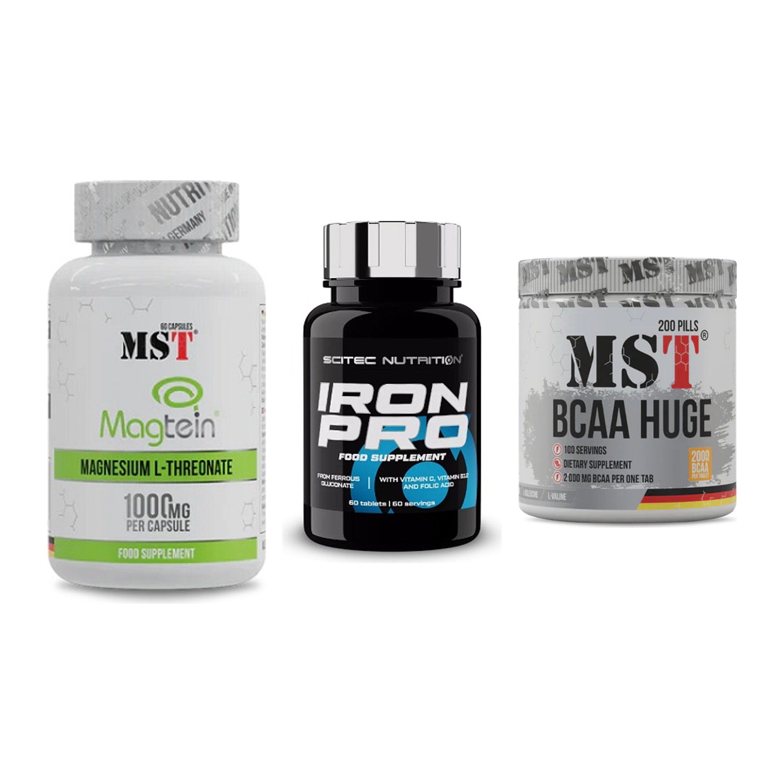 Ausdauer-Set: MST Magnesium + Scitec Iron Pro + MST BCAA Huge – alle enthaltenen Artikel