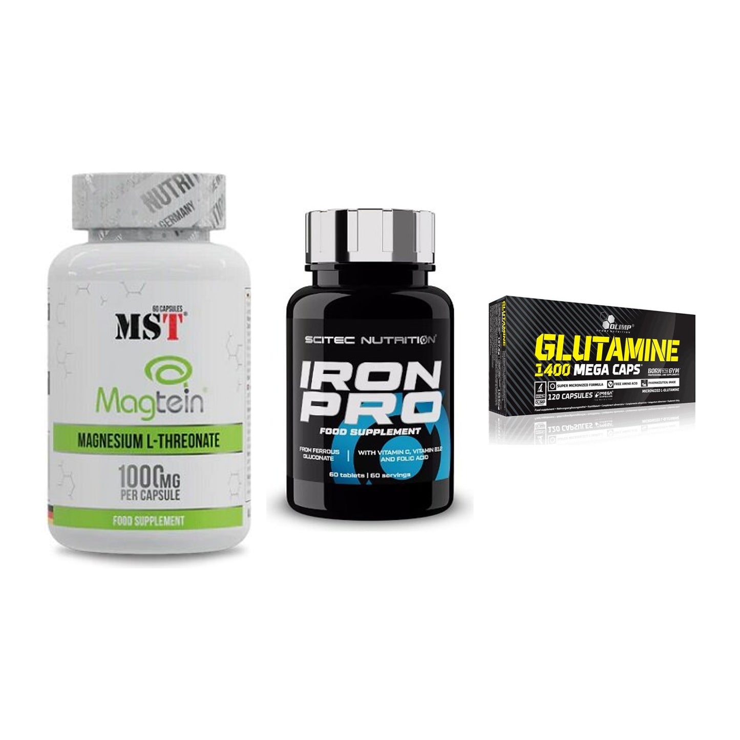 Ausdauer-Set: MST Magnesium + Scitec Iron Pro + Olimp L-Glutamin – alle enthaltenen Artikel