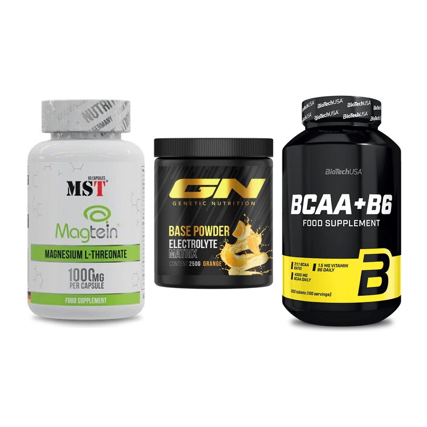 Ausdauer-Set: MST Magnesium + GN Base Powder + BioTech BCAA+B6 – alle enthaltenen Artikel