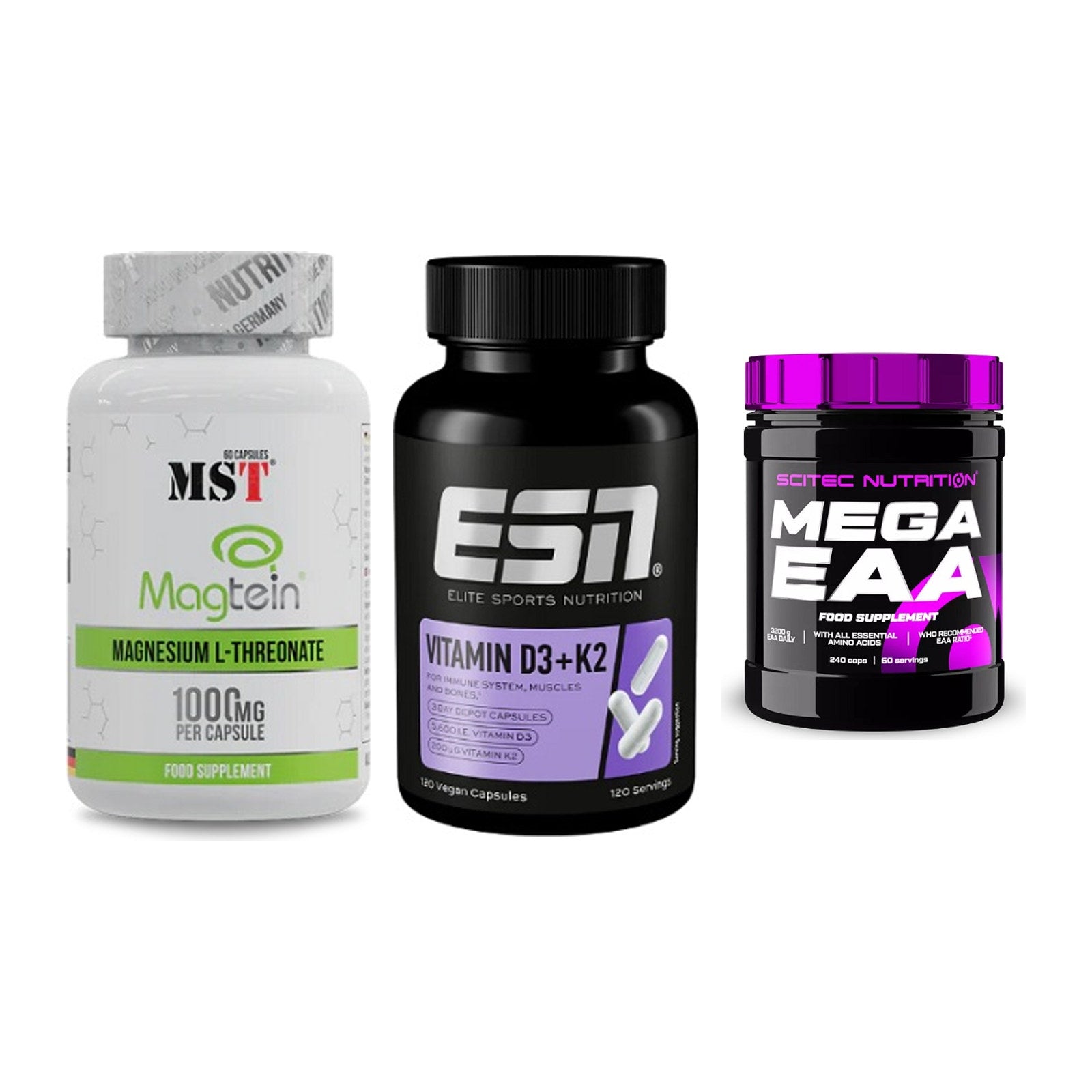Ausdauer-Set: MST Magnesium + ESN Vitamin D3 + Scitec Mega EAA – alle enthaltenen Artikel