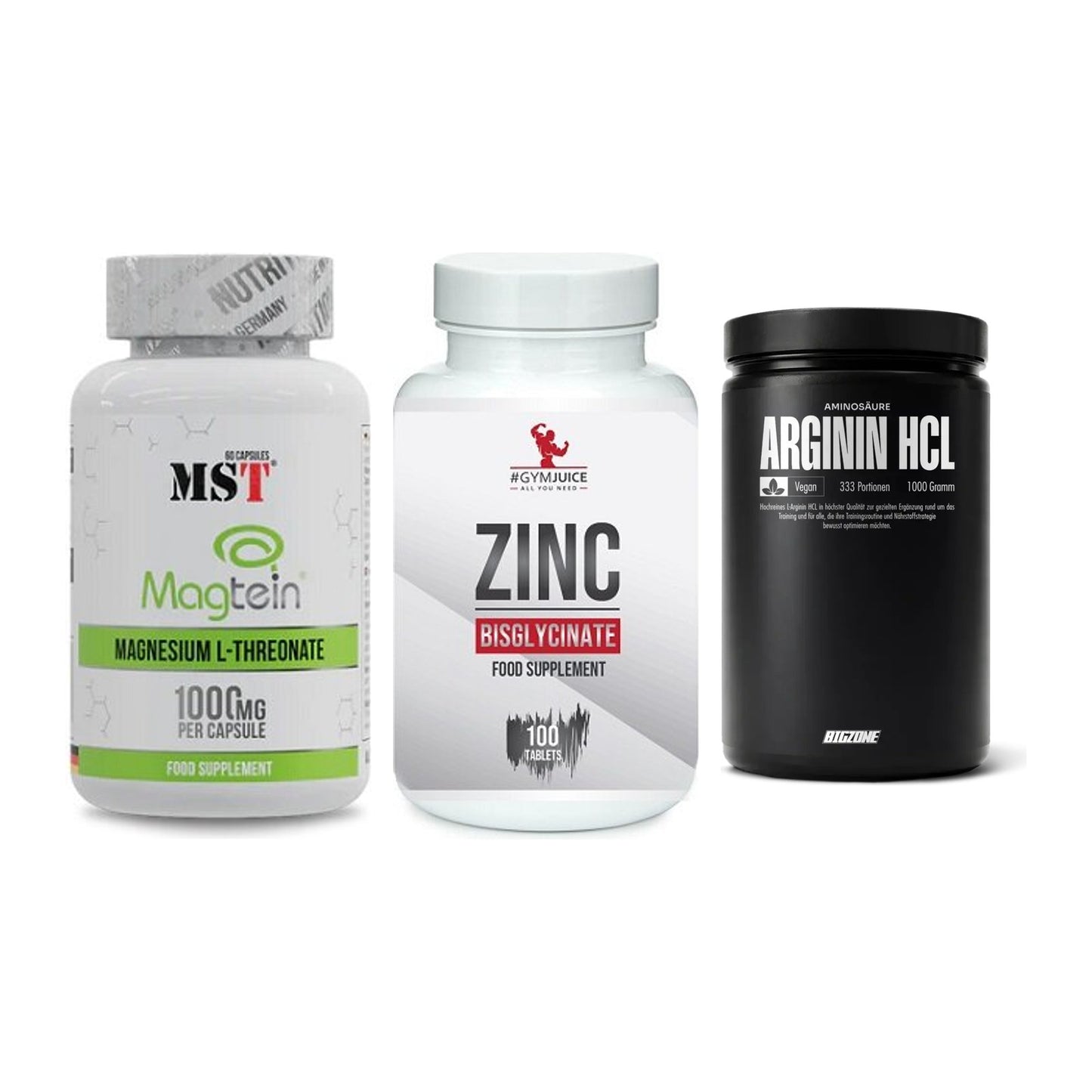 Ausdauer-Set: MST Magnesium + #GYMJUICE ZINC + Big Zone L-Argin – alle enthaltenen Artikel