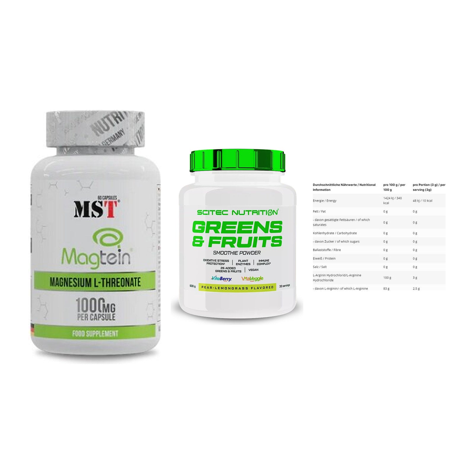 Ausdauer-Set: MST Magnesium + Scitec Greens + INLEAD L-Arginin – alle enthaltenen Artikel