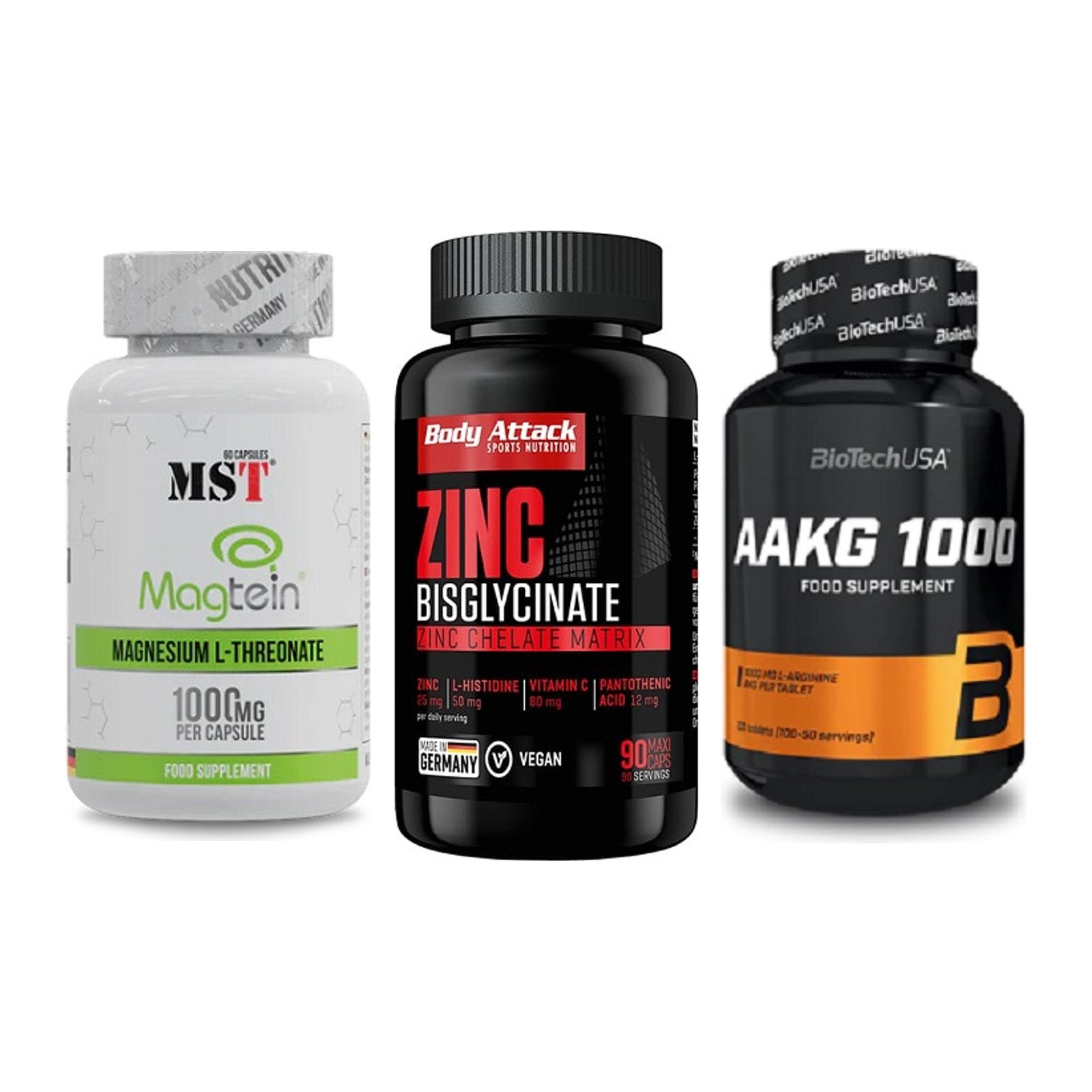Ausdauer-Set: MST Magnesium + Body Attack Zink + BioTech AAKG – alle enthaltenen Artikel