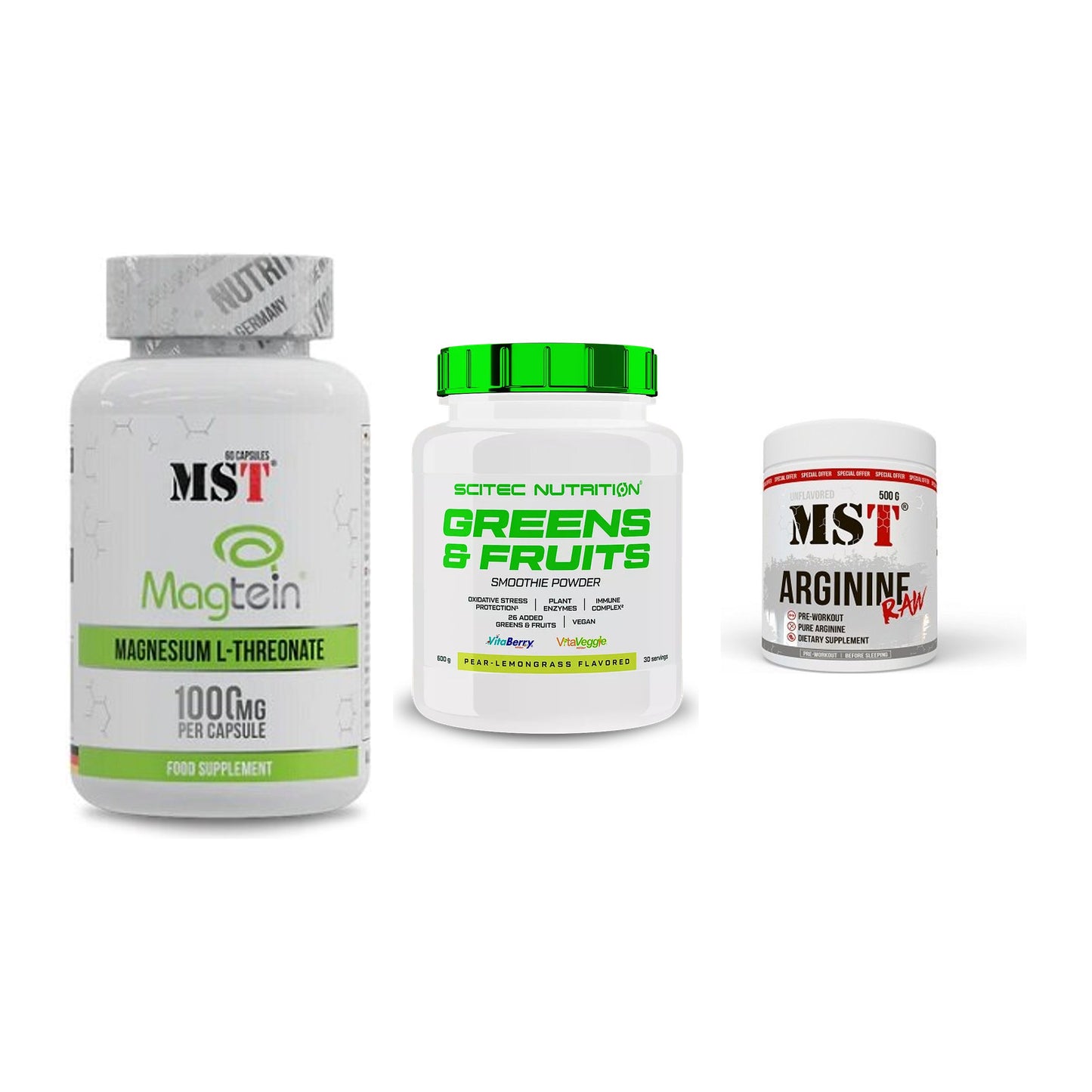 Ausdauer-Set: MST Magnesium + Scitec Greens + MST Arginine RAW – alle enthaltenen Artikel