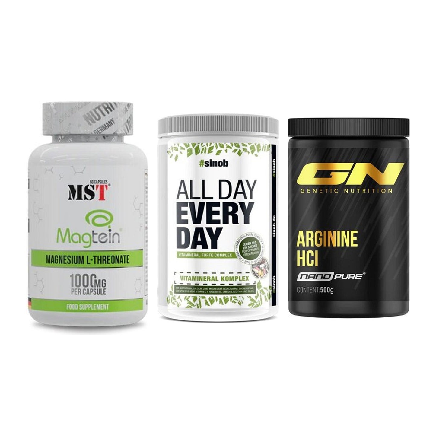 Ausdauer-Set: MST Magnesium + Sinob All Day + GN Arginine HCL – alle enthaltenen Artikel