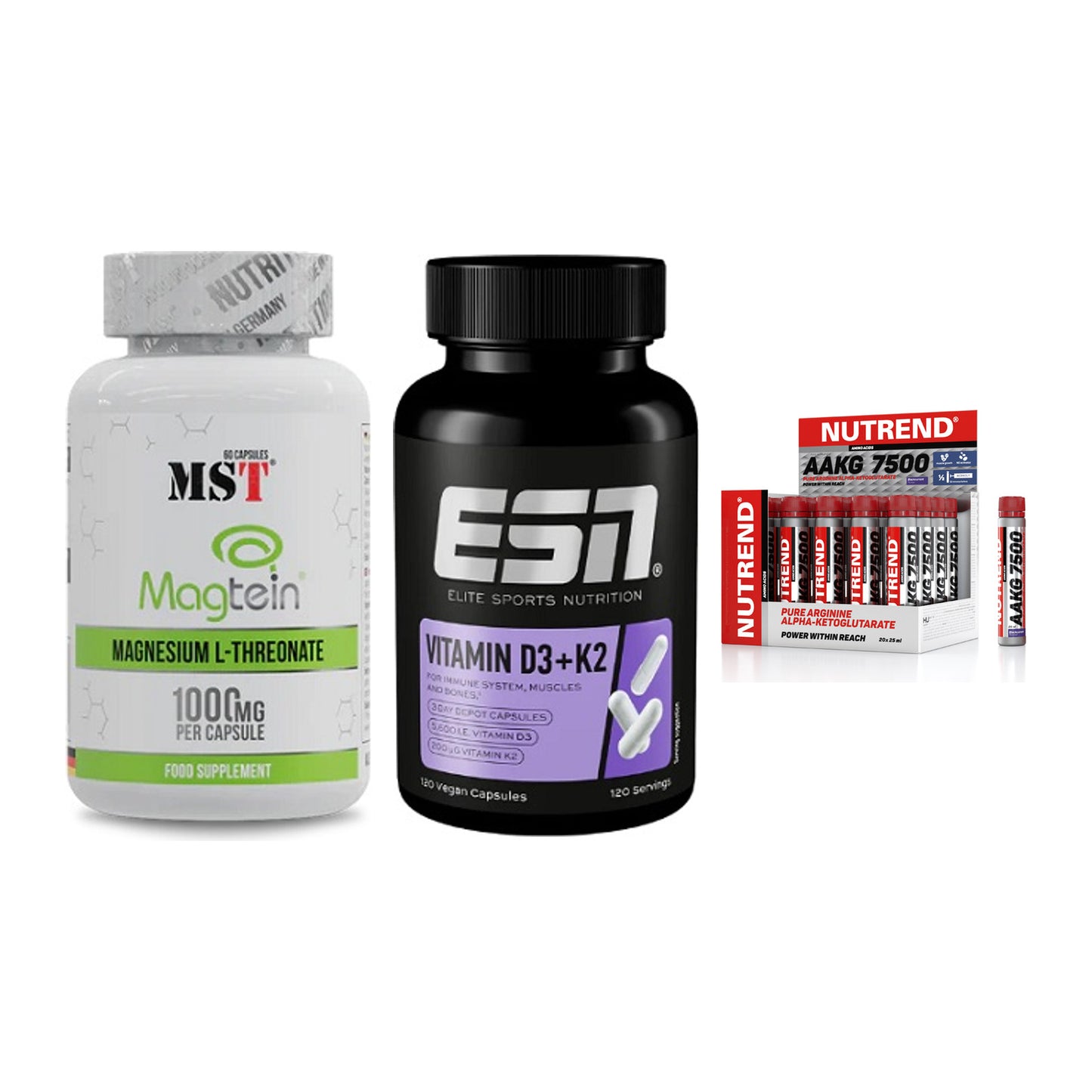 Ausdauer-Set: MST Magnesium + ESN Vitamin D3 + Nutrend AAKG – alle enthaltenen Artikel