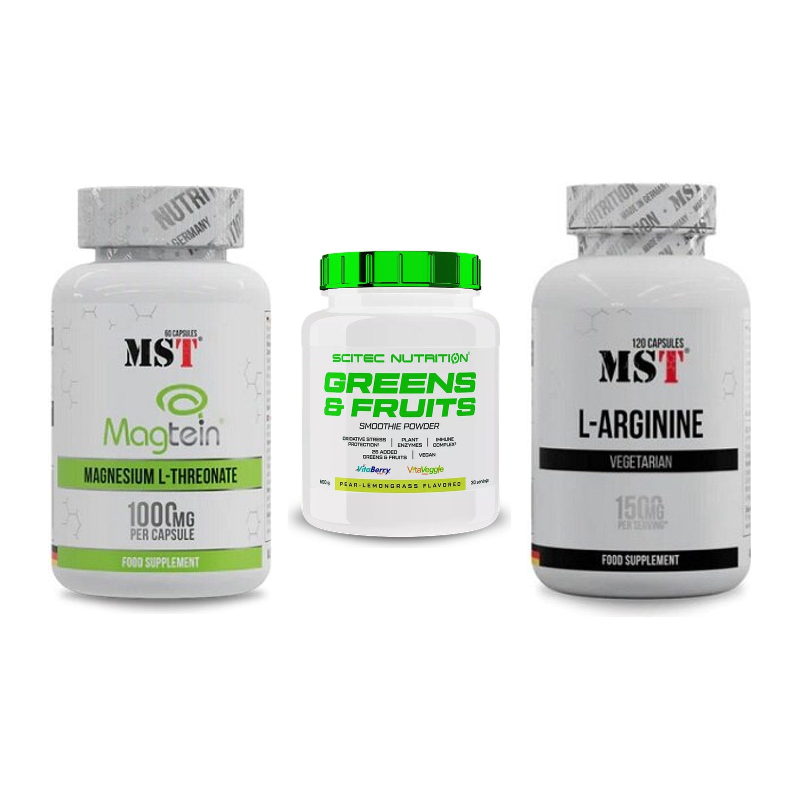 Ausdauer-Set: MST Magnesium + Scitec Greens + MST L-Arginine – alle enthaltenen Artikel