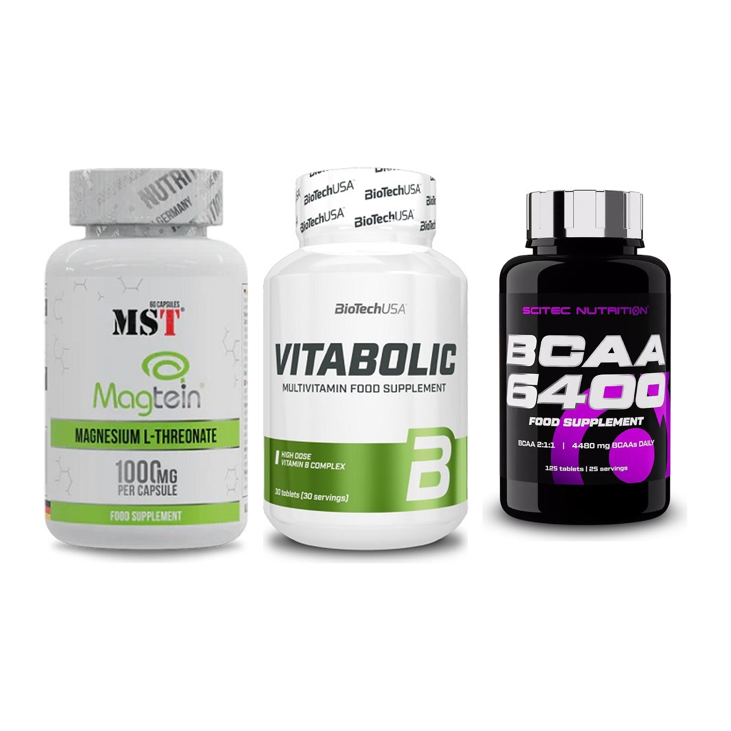 Ausdauer-Set: MST Magnesium + BioTech Vitaboli + Scitec BCAA 6400 – alle enthaltenen Artikel