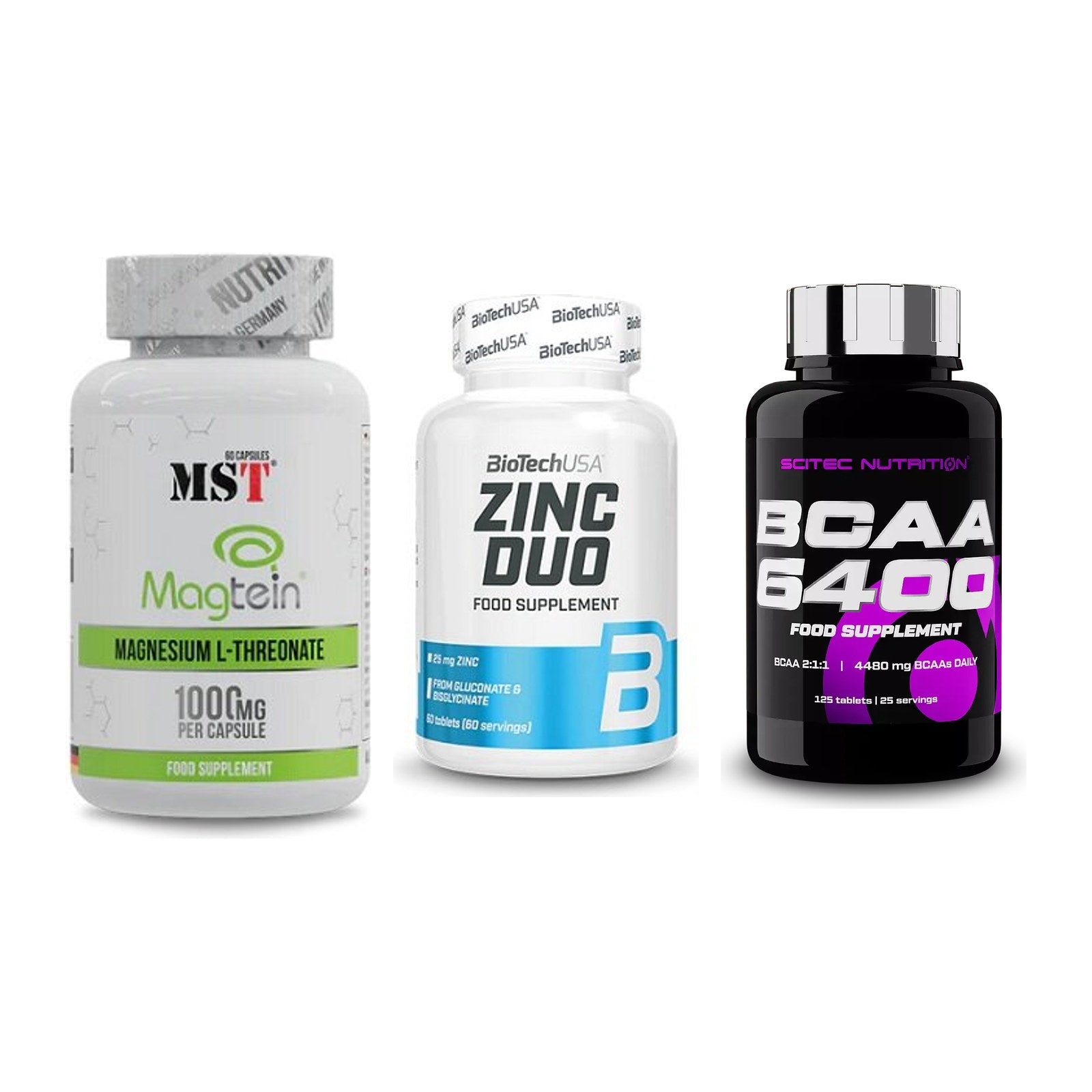Ausdauer-Set: MST Magnesium + BioTech Zinc Duo + Scitec BCAA 6400 – alle enthaltenen Artikel