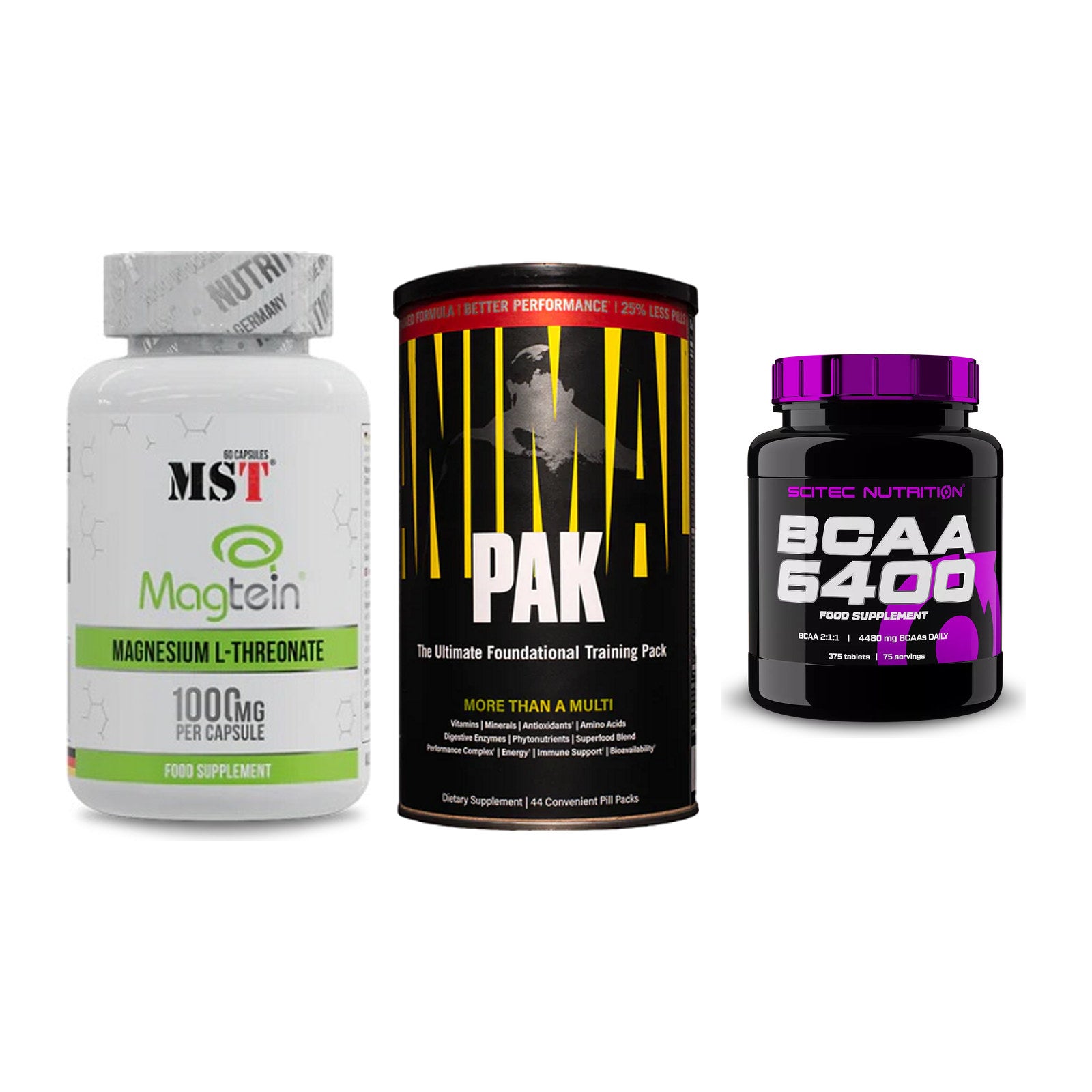 Ausdauer-Set: MST Magnesium + Universal Animal + Scitec BCAA 6400 – alle enthaltenen Artikel