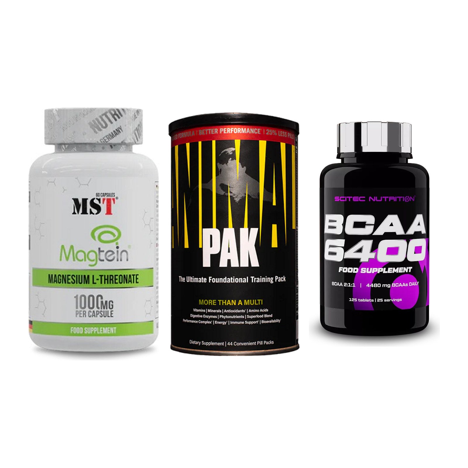 Ausdauer-Set: MST Magnesium + Universal Animal + Scitec BCAA 6400 – alle enthaltenen Artikel