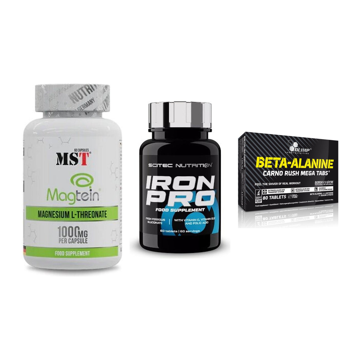Ausdauer-Set: MST Magnesium + Scitec Iron Pro + Olimp Beta-Alani – alle enthaltenen Artikel