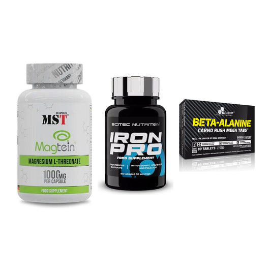 Ausdauer-Set: MST Magnesium + Scitec Iron Pro + Olimp Beta-Alani – alle enthaltenen Artikel