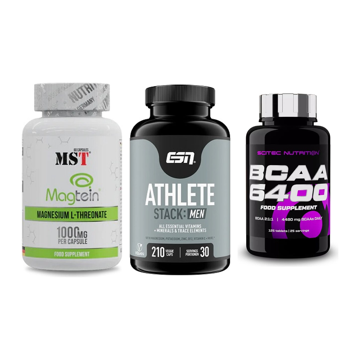 Ausdauer-Set: MST Magnesium + ESN Athlete + Scitec BCAA 6400 – alle enthaltenen Artikel