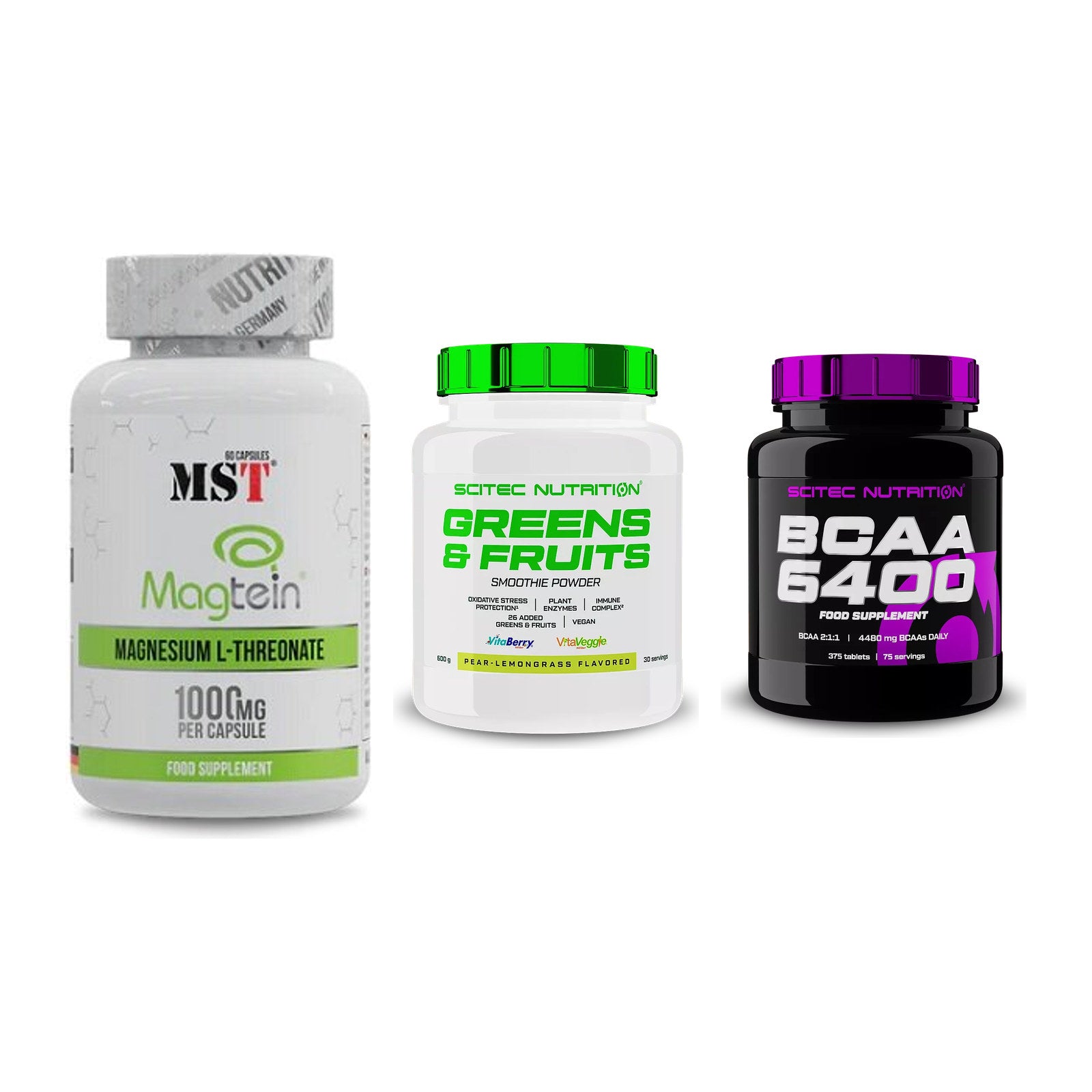 Ausdauer-Set: MST Magnesium + Scitec Greens + Scitec BCAA 6400 – alle enthaltenen Artikel