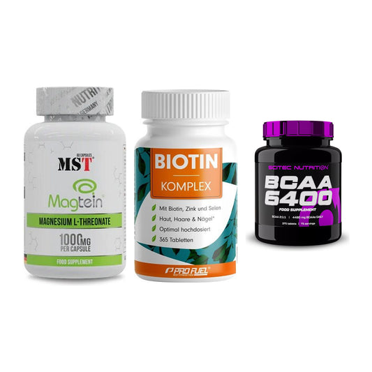 Ausdauer-Set: MST Magnesium + ProFuel BIOTIN + Scitec BCAA 6400 – alle enthaltenen Artikel