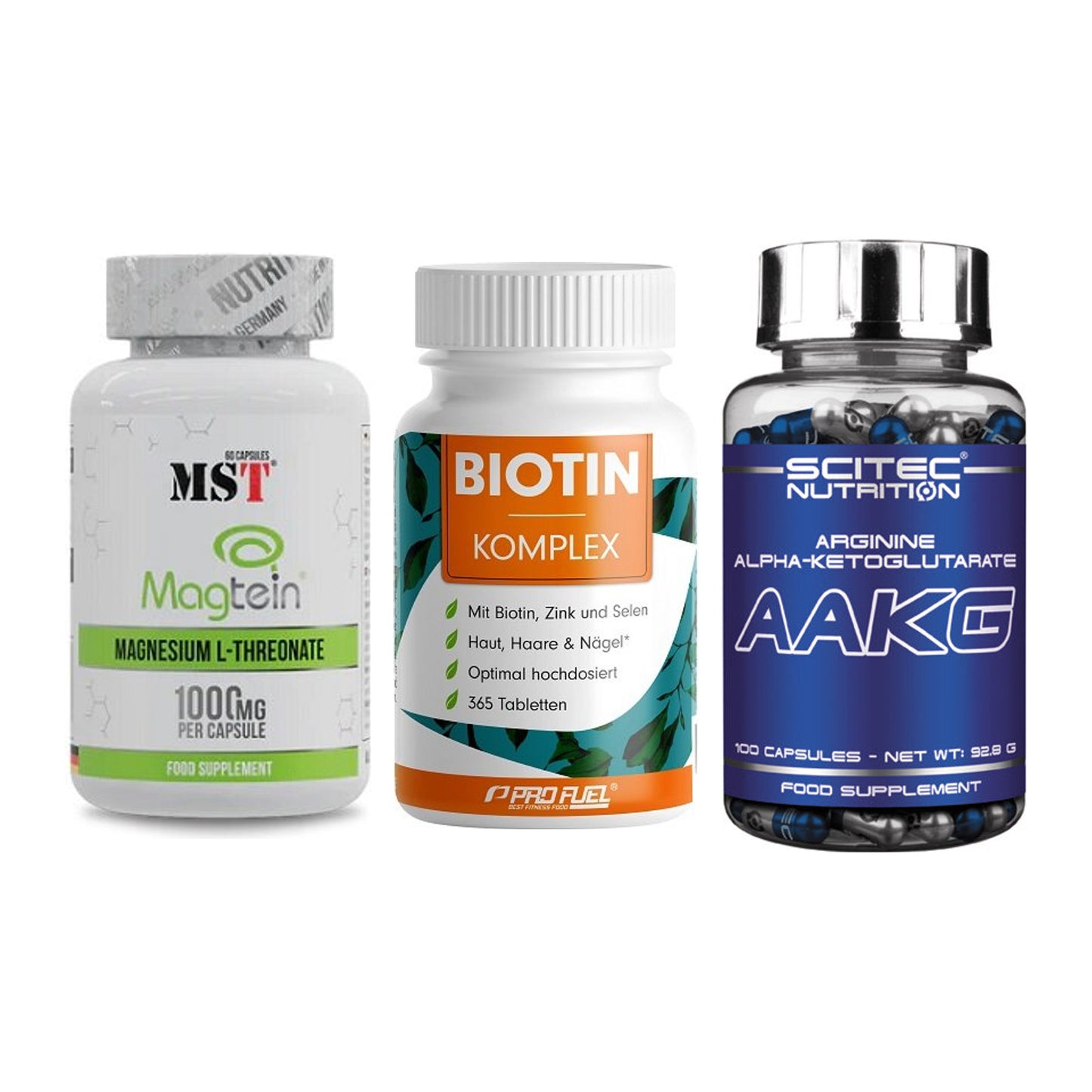 Ausdauer-Set: MST Magnesium + ProFuel BIOTIN + Scitec AAKG – alle enthaltenen Artikel