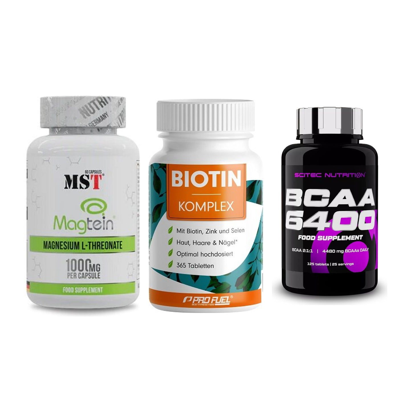 Ausdauer-Set: MST Magnesium + ProFuel BIOTIN + Scitec BCAA 6400 – alle enthaltenen Artikel