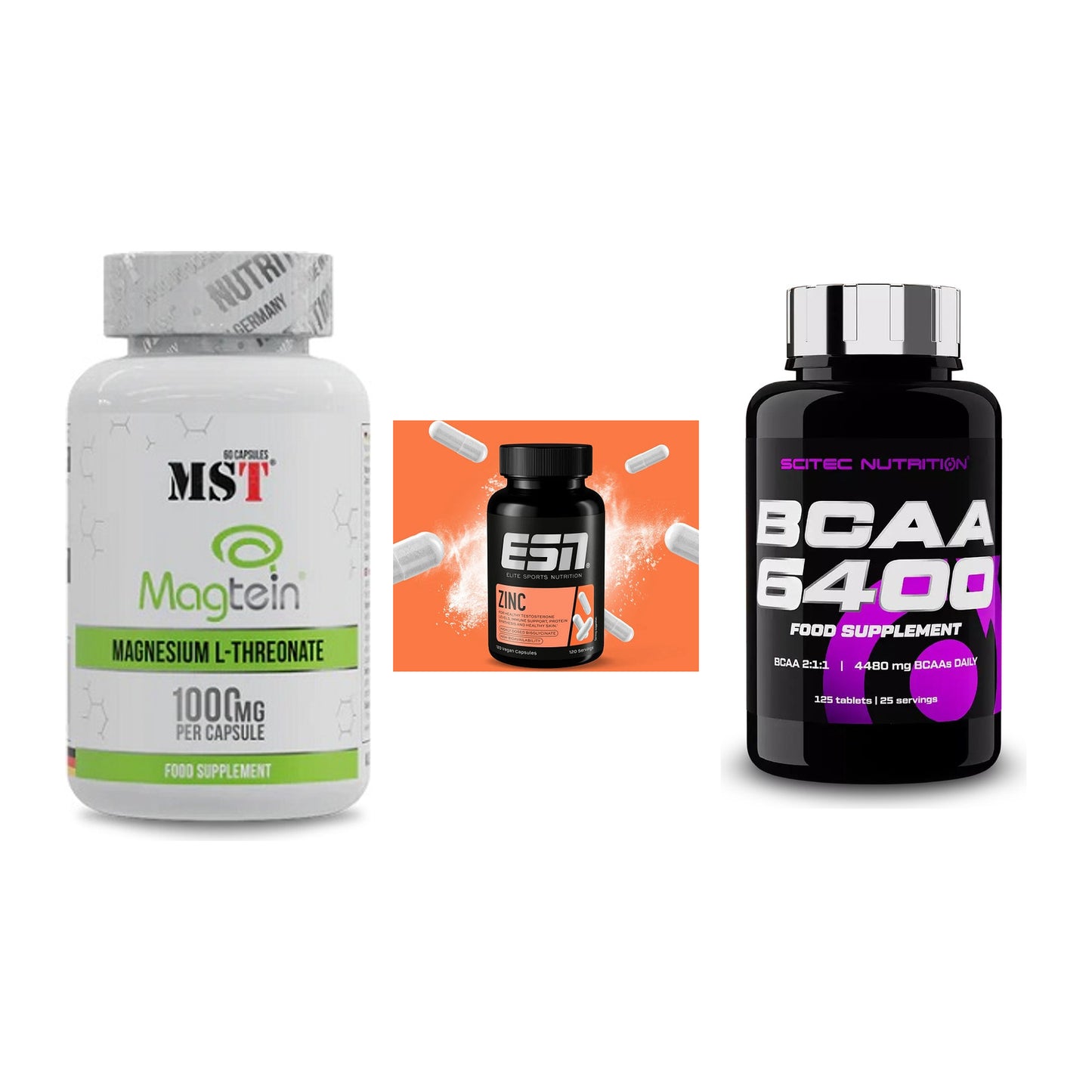 Ausdauer-Set: MST Magnesium + ESN Zinc + Scitec BCAA 6400 – alle enthaltenen Artikel