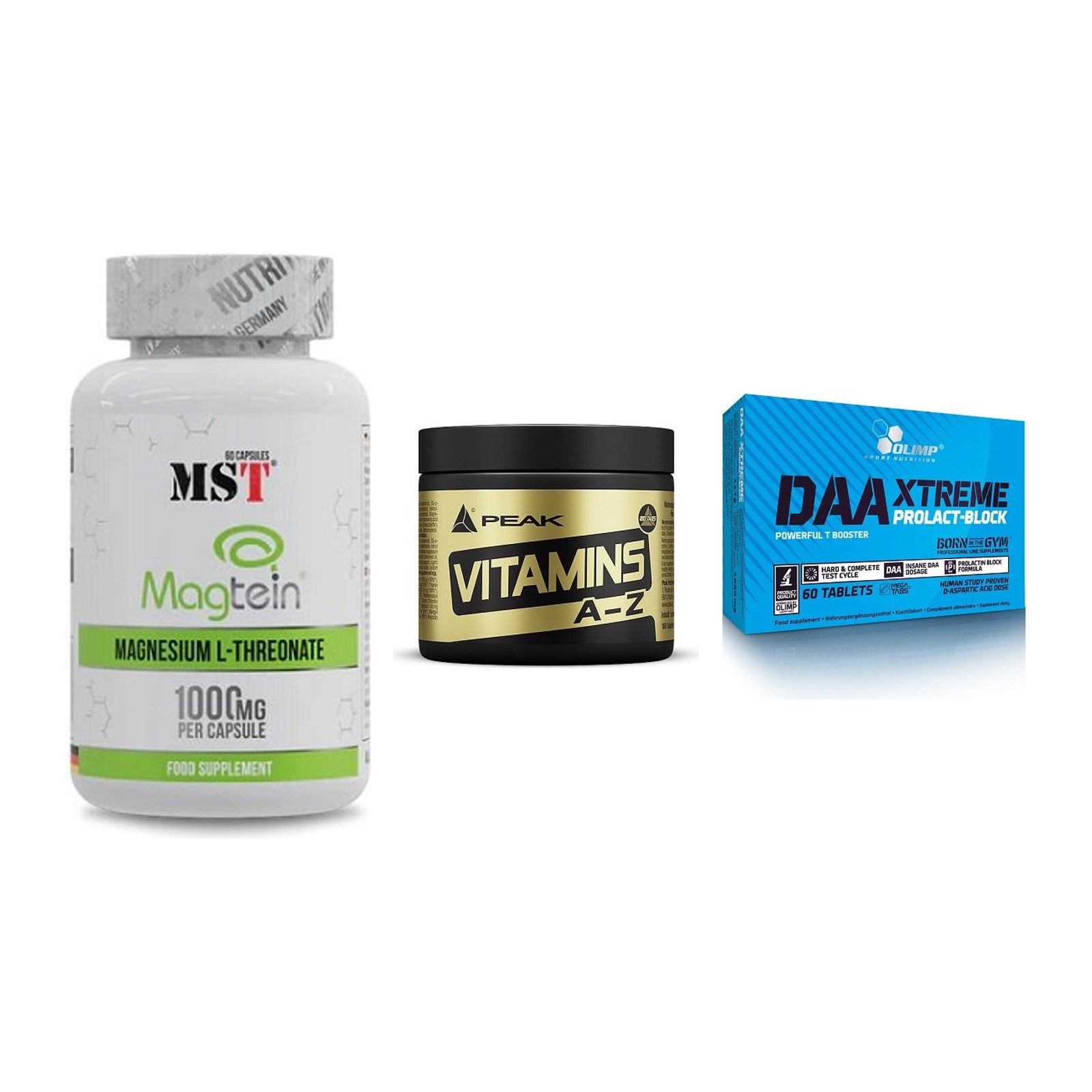 Ausdauer-Set: MST Magnesium + Peak Vitamin A-Z + Olimp DAA Xtreme – alle enthaltenen Artikel