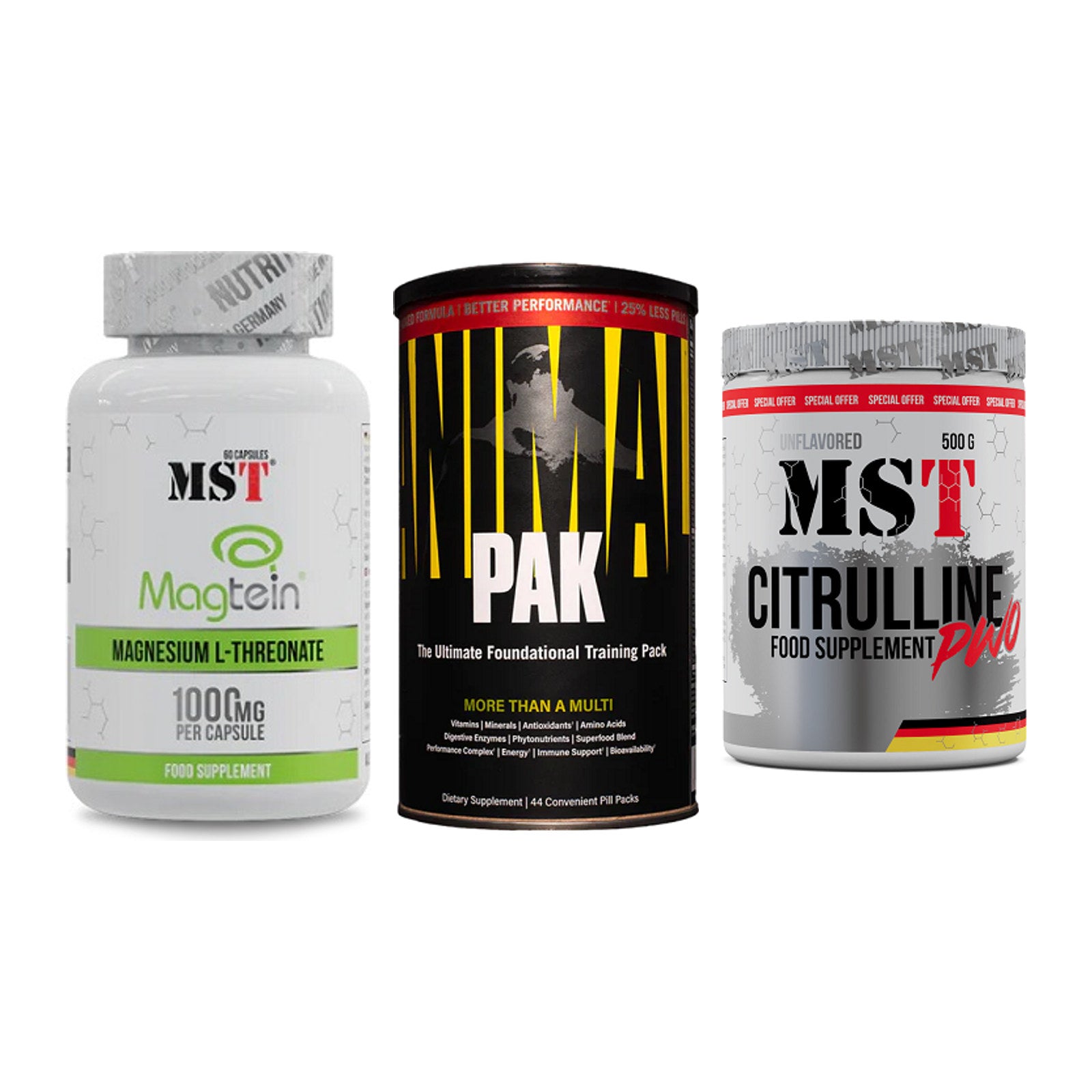 Ausdauer-Set: MST Magnesium + Universal Animal + MST Citrulline – alle enthaltenen Artikel