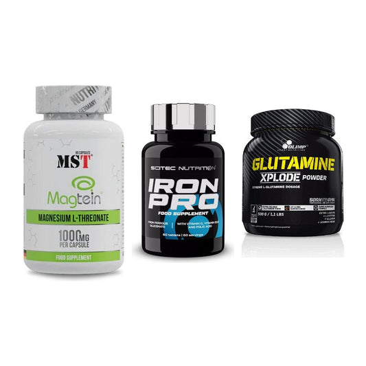 Ausdauer-Set: MST Magnesium + Scitec Iron Pro + Olimp L-Glutamin – alle enthaltenen Artikel