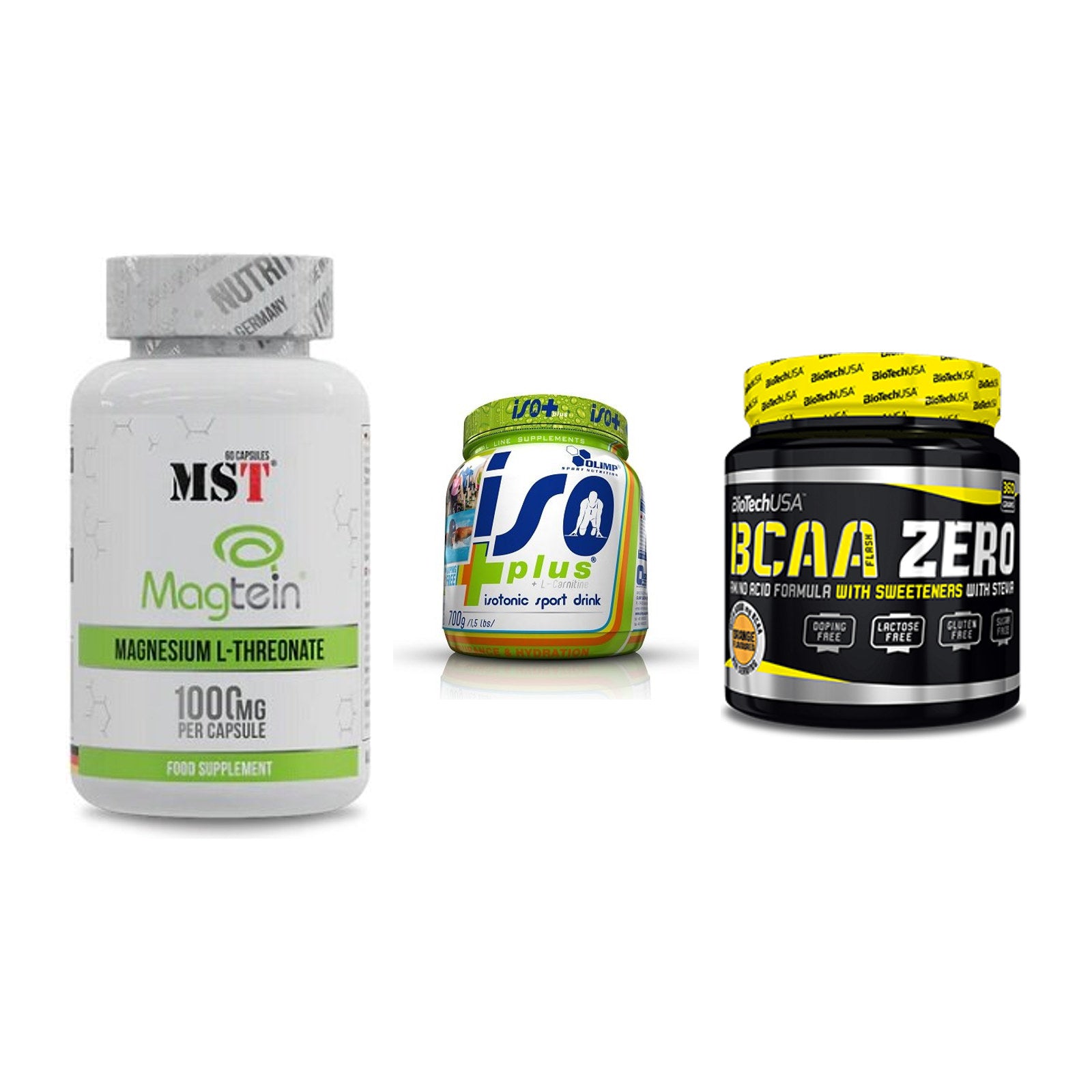 Ausdauer-Set: MST Magnesium + Olimp Iso Plus + BioTech BCAA – alle enthaltenen Artikel