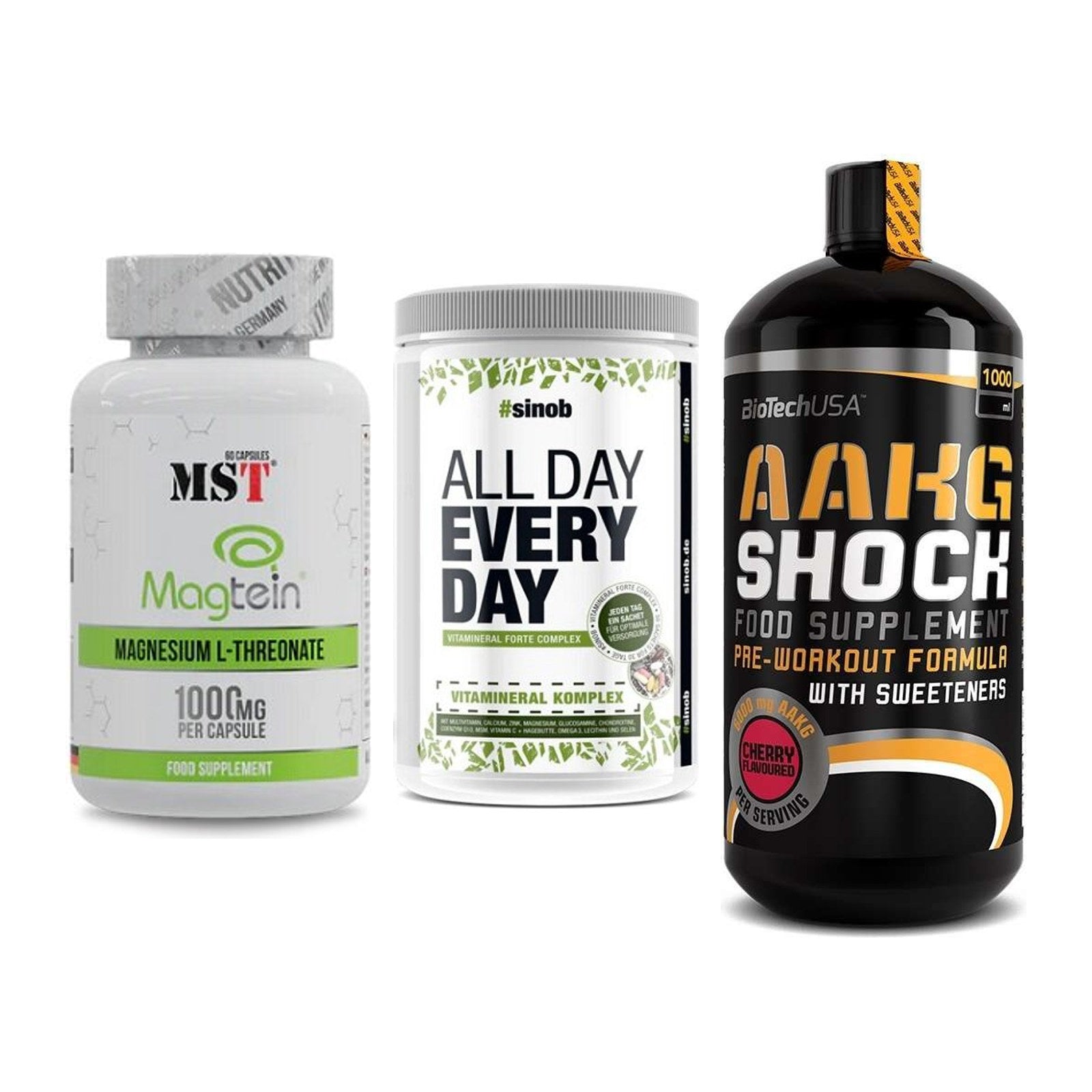 Ausdauer-Set: MST Magnesium + Sinob All Day + BioTech AAKG – alle enthaltenen Artikel