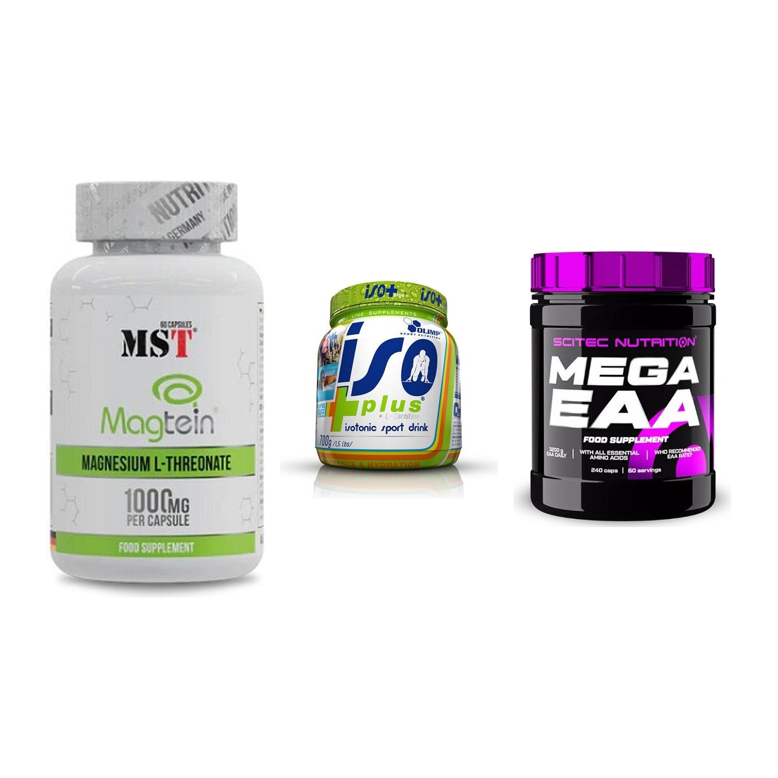 Ausdauer-Set: MST Magnesium + Olimp Iso Plus + Scitec Mega EAA – alle enthaltenen Artikel