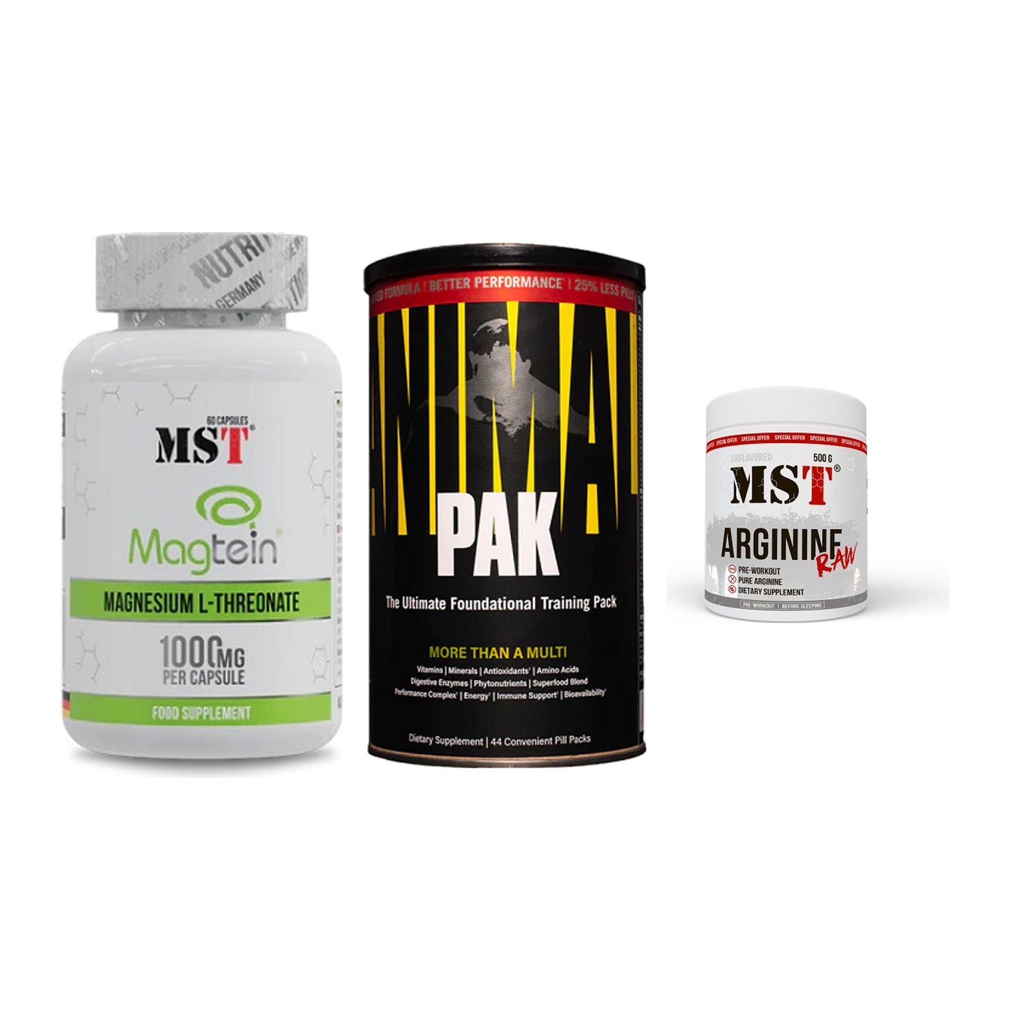 Ausdauer-Set: MST Magnesium + Universal Animal + MST Arginine RAW – alle enthaltenen Artikel