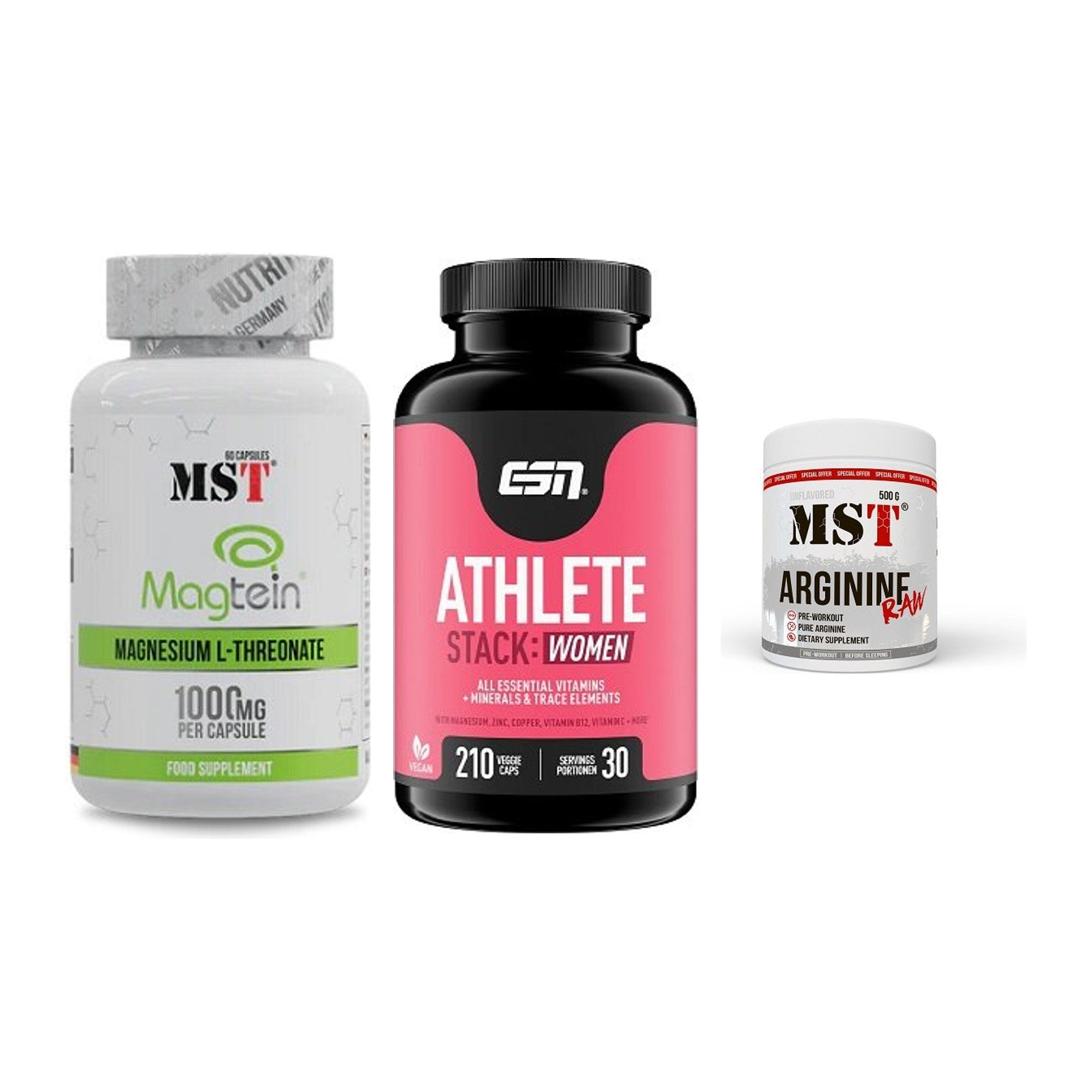 Ausdauer-Set: MST Magnesium + ESN Athlete + MST Arginine RAW – alle enthaltenen Artikel