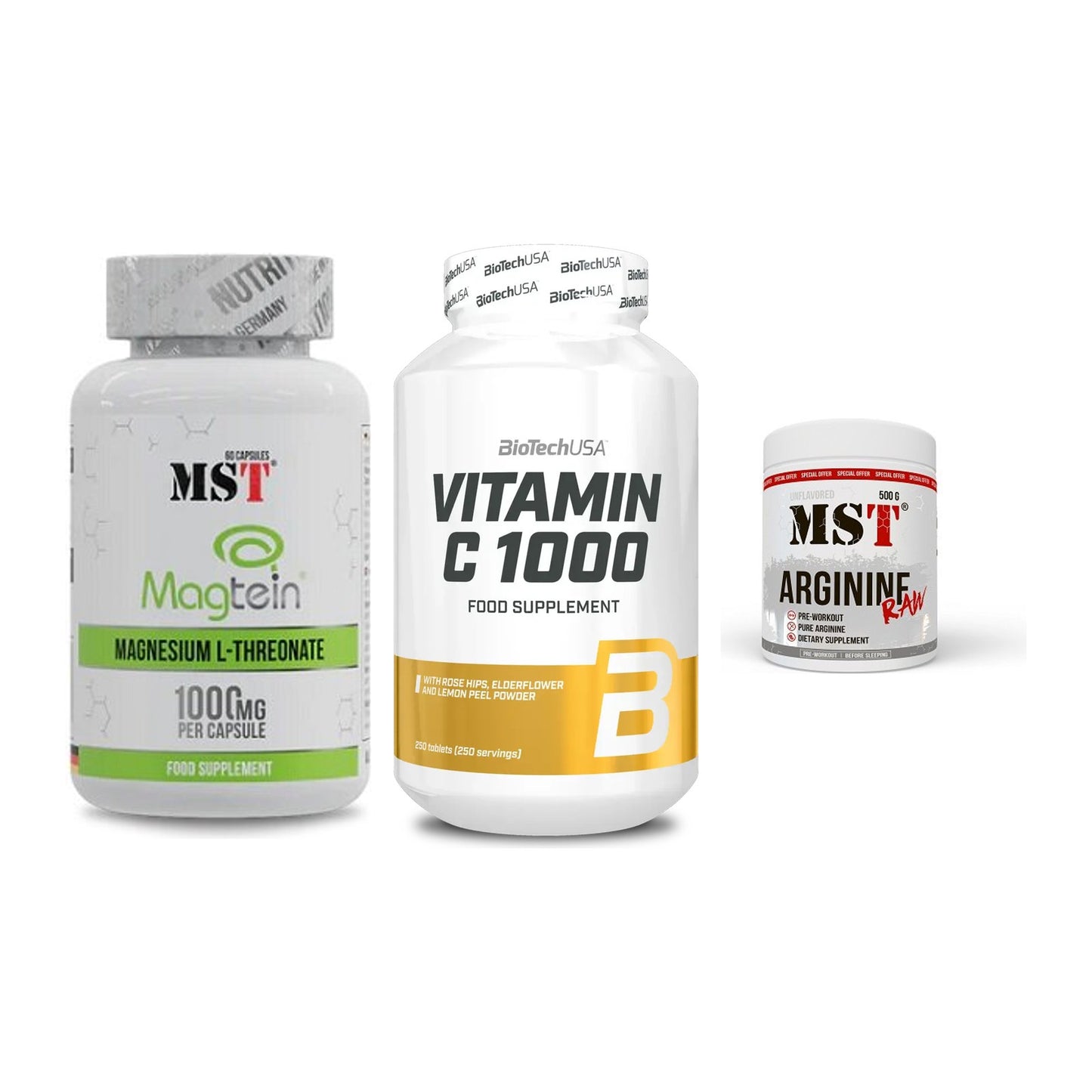Ausdauer-Set: MST Magnesium + BioTech Vitamin + MST Arginine RAW – alle enthaltenen Artikel