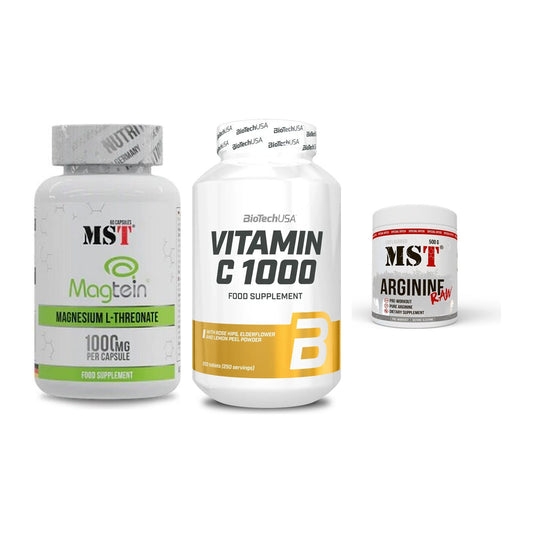 Ausdauer-Set: MST Magnesium + BioTech Vitamin + MST Arginine RAW – alle enthaltenen Artikel