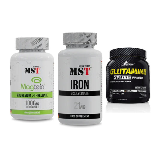 Ausdauer-Set: MST Magnesium + MST Iron Bisglyc + Olimp L-Glutamin – alle enthaltenen Artikel