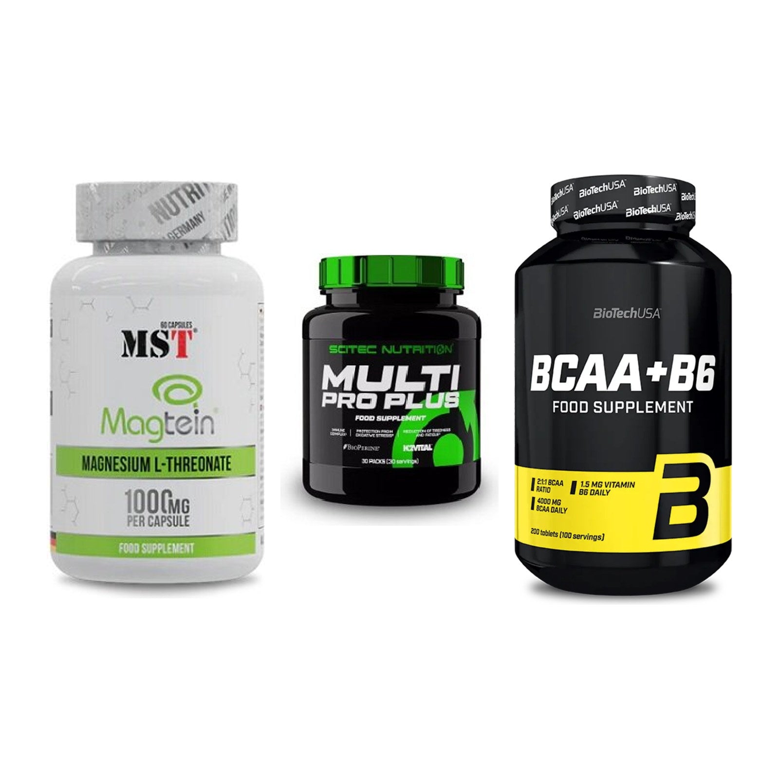 Ausdauer-Set: MST Magnesium + Scitec Multi Pro + BioTech BCAA+B6 – alle enthaltenen Artikel