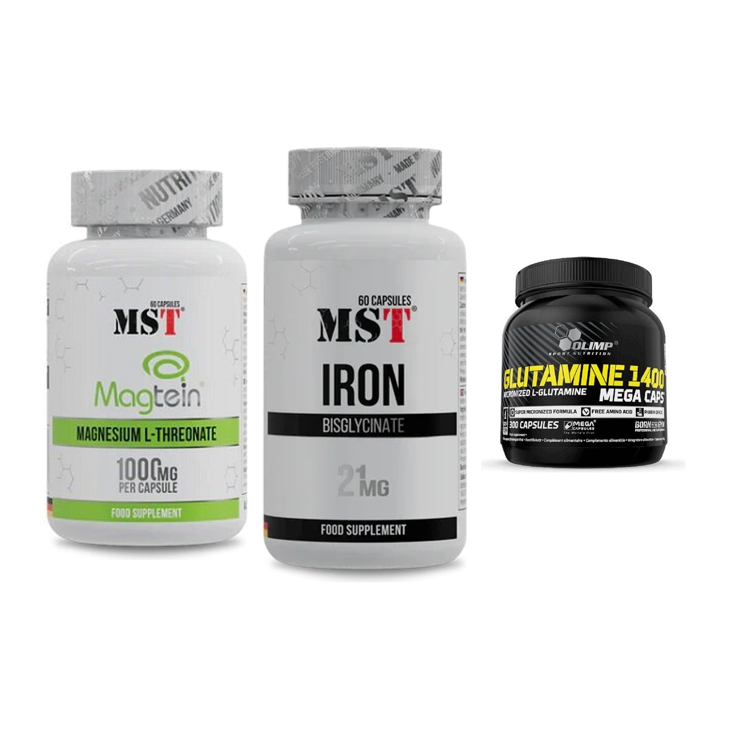 Ausdauer-Set: MST Magnesium + MST Iron Bisglyc + Olimp L-Glutamin – alle enthaltenen Artikel
