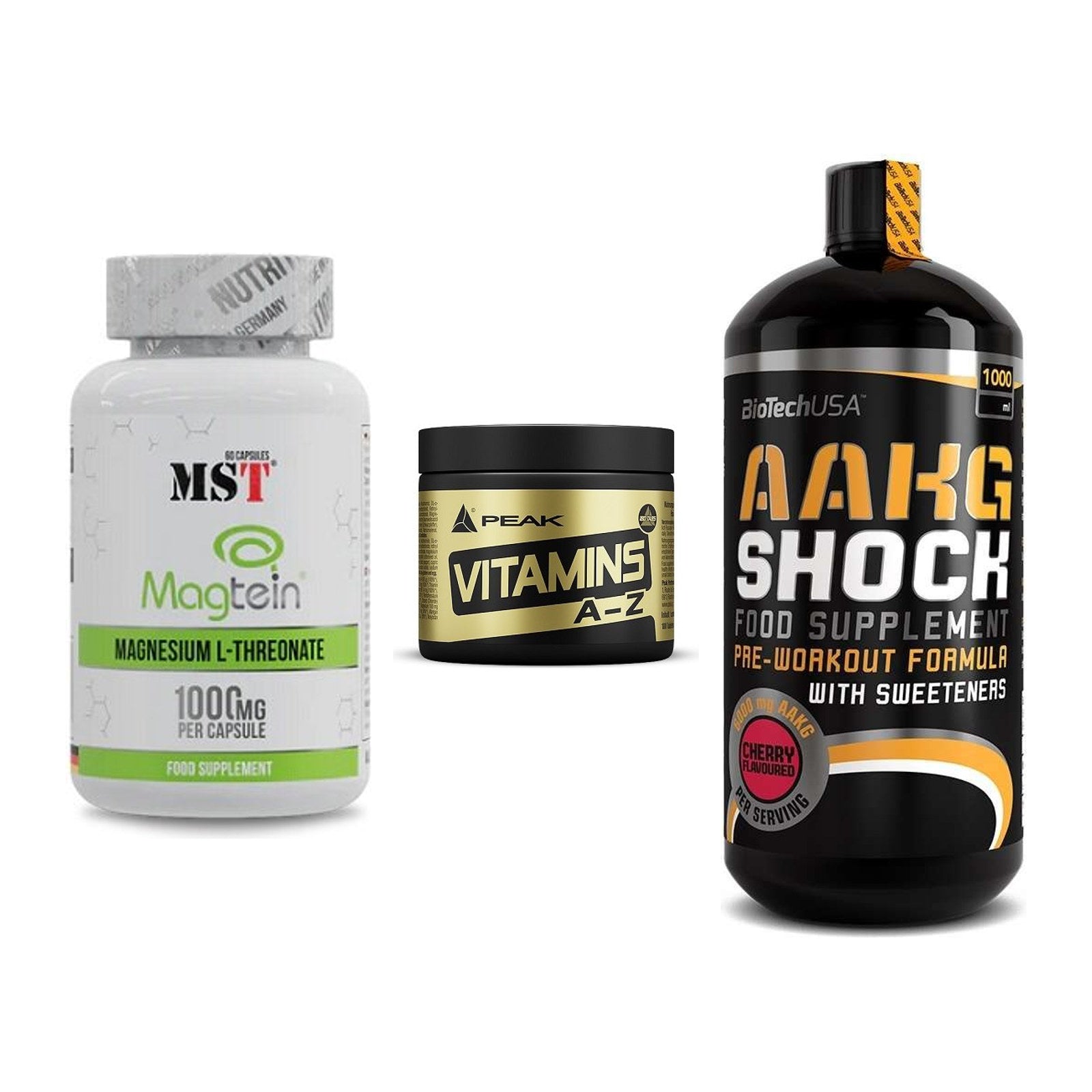 Ausdauer-Set: MST Magnesium + Peak Vitamin A-Z + BioTech AAKG – alle enthaltenen Artikel