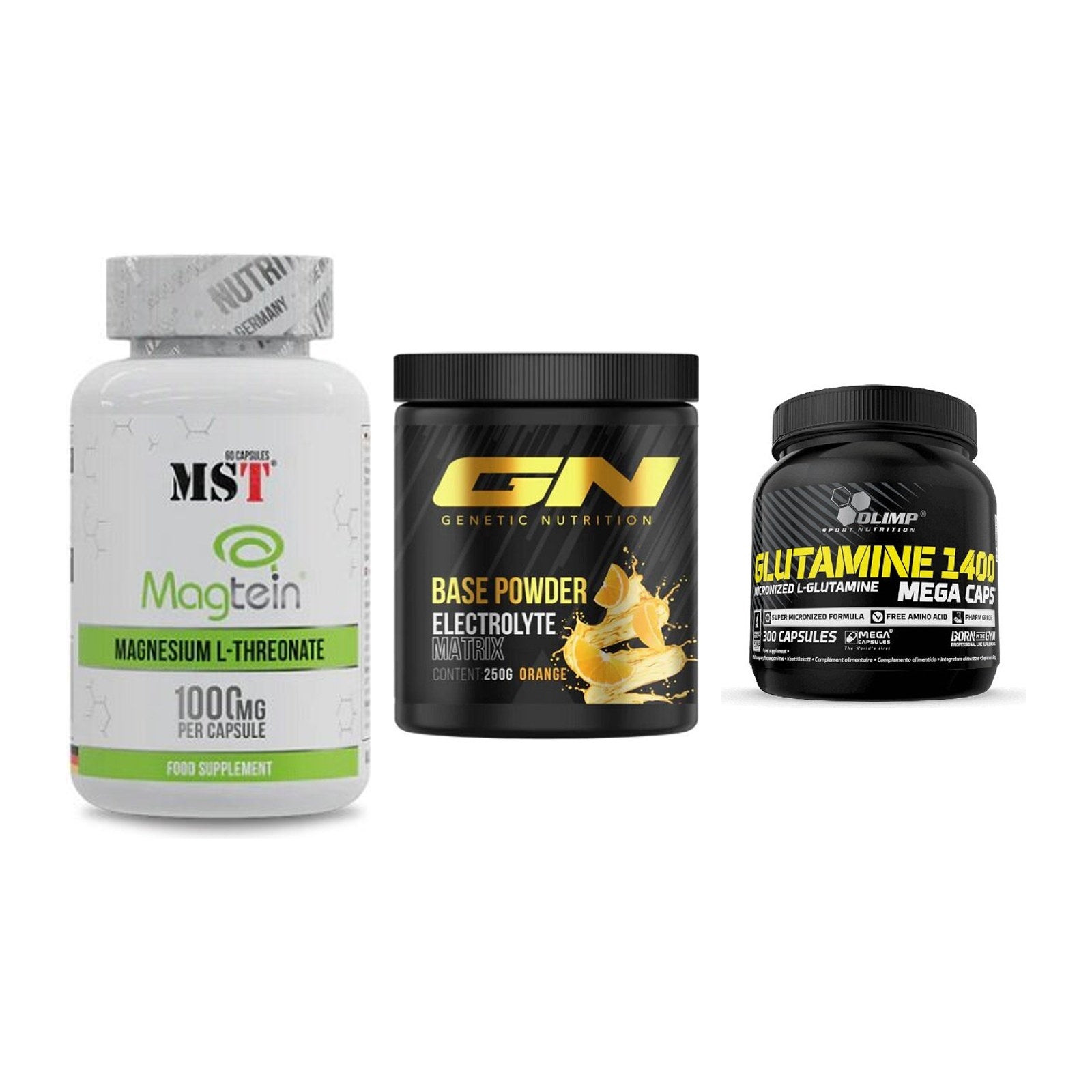Ausdauer-Set: MST Magnesium + GN Base Powder + Olimp L-Glutamin – alle enthaltenen Artikel