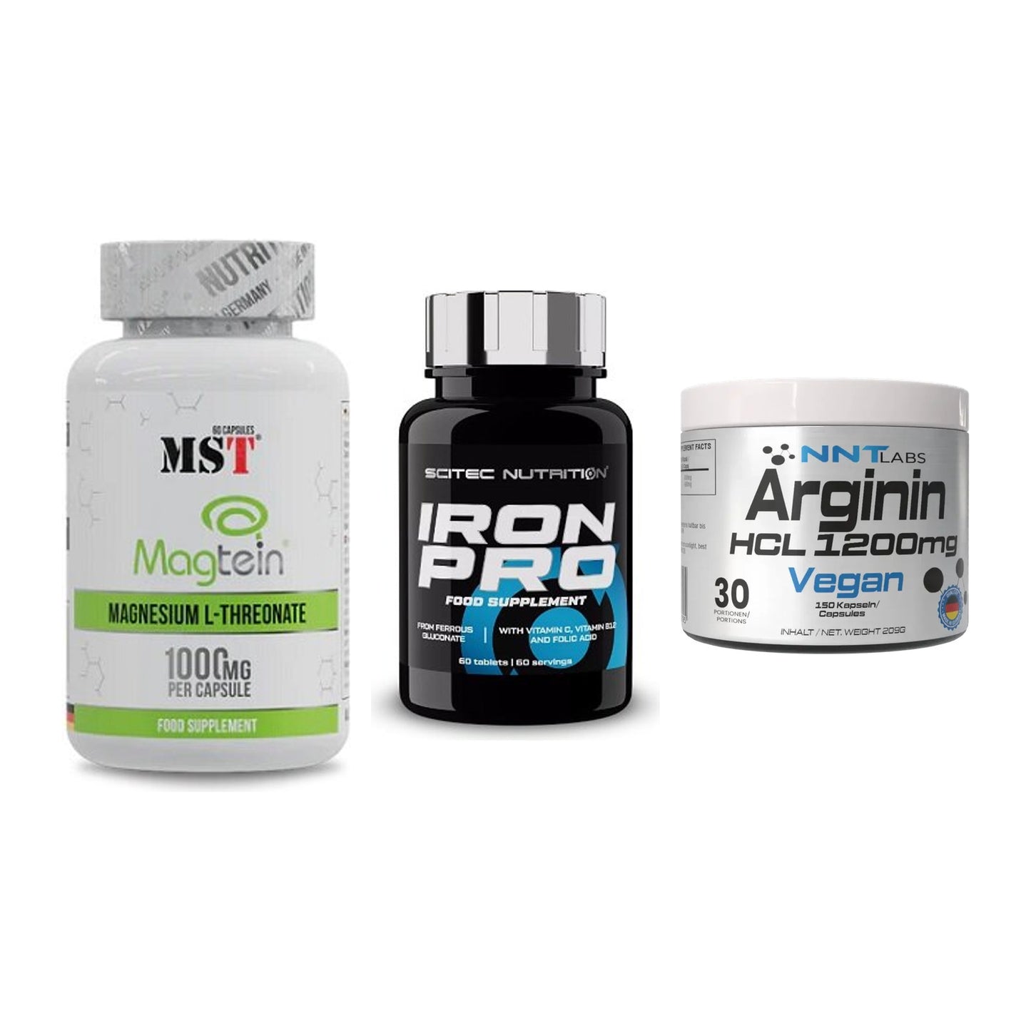 Ausdauer-Set: MST Magnesium + Scitec Iron Pro + NNT Arginin HCL – alle enthaltenen Artikel