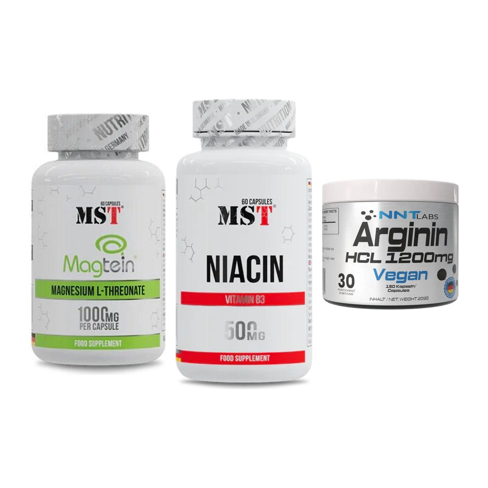 Ausdauer-Set: MST Magnesium + MST Niacin + NNT Arginin HCL – alle enthaltenen Artikel