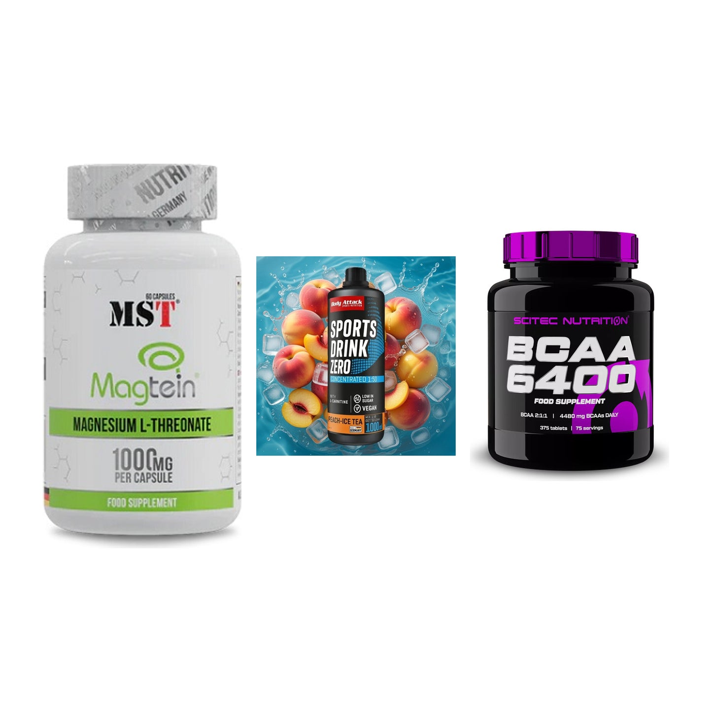 Ausdauer-Set: MST Magnesium + Body Attack + Scitec BCAA 6400 – alle enthaltenen Artikel