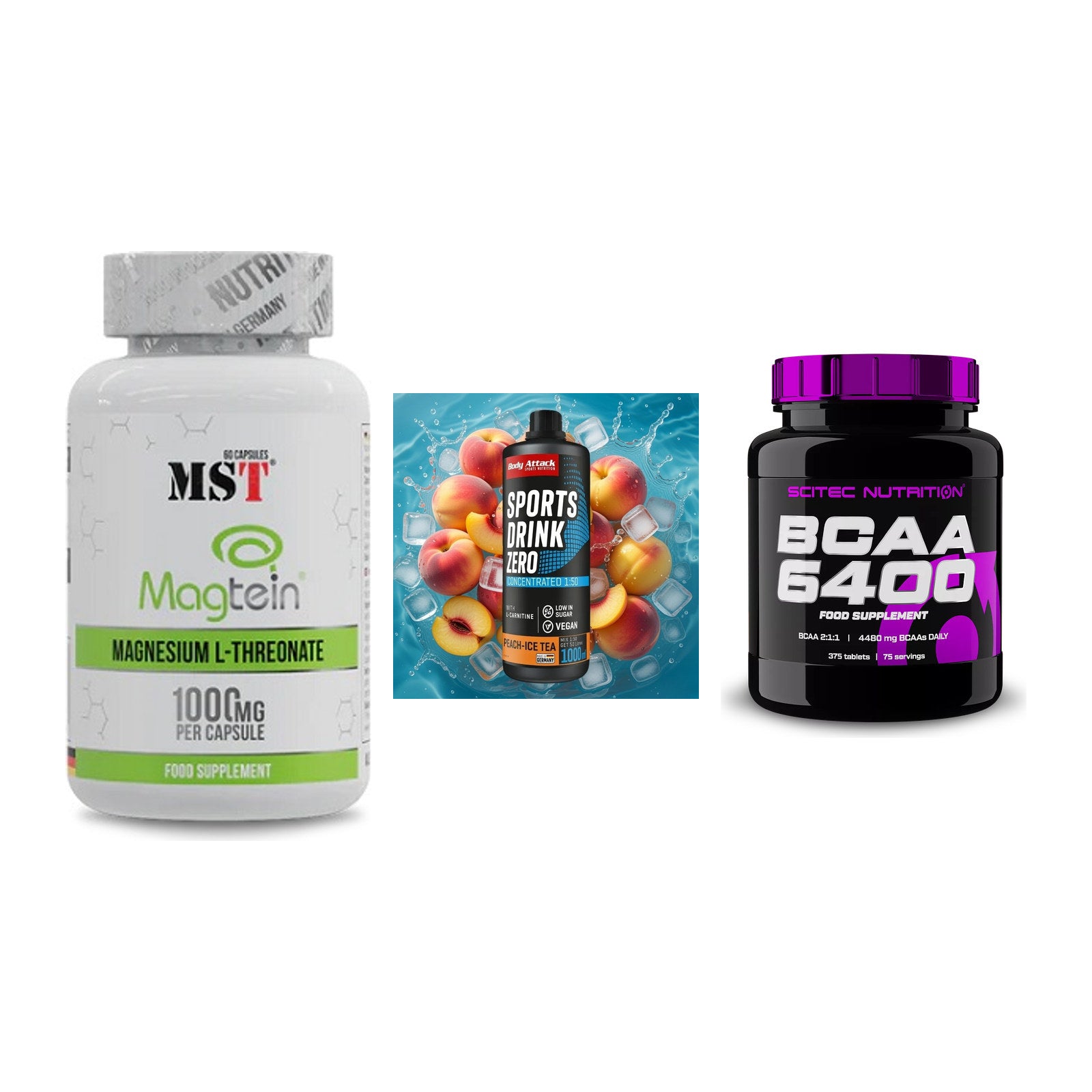 Ausdauer-Set: MST Magnesium + Body Attack + Scitec BCAA 6400 – alle enthaltenen Artikel