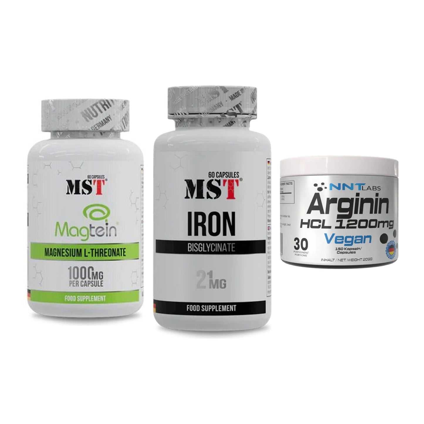 Ausdauer-Set: MST Magnesium + MST Iron Bisglyc + NNT Arginin HCL – alle enthaltenen Artikel