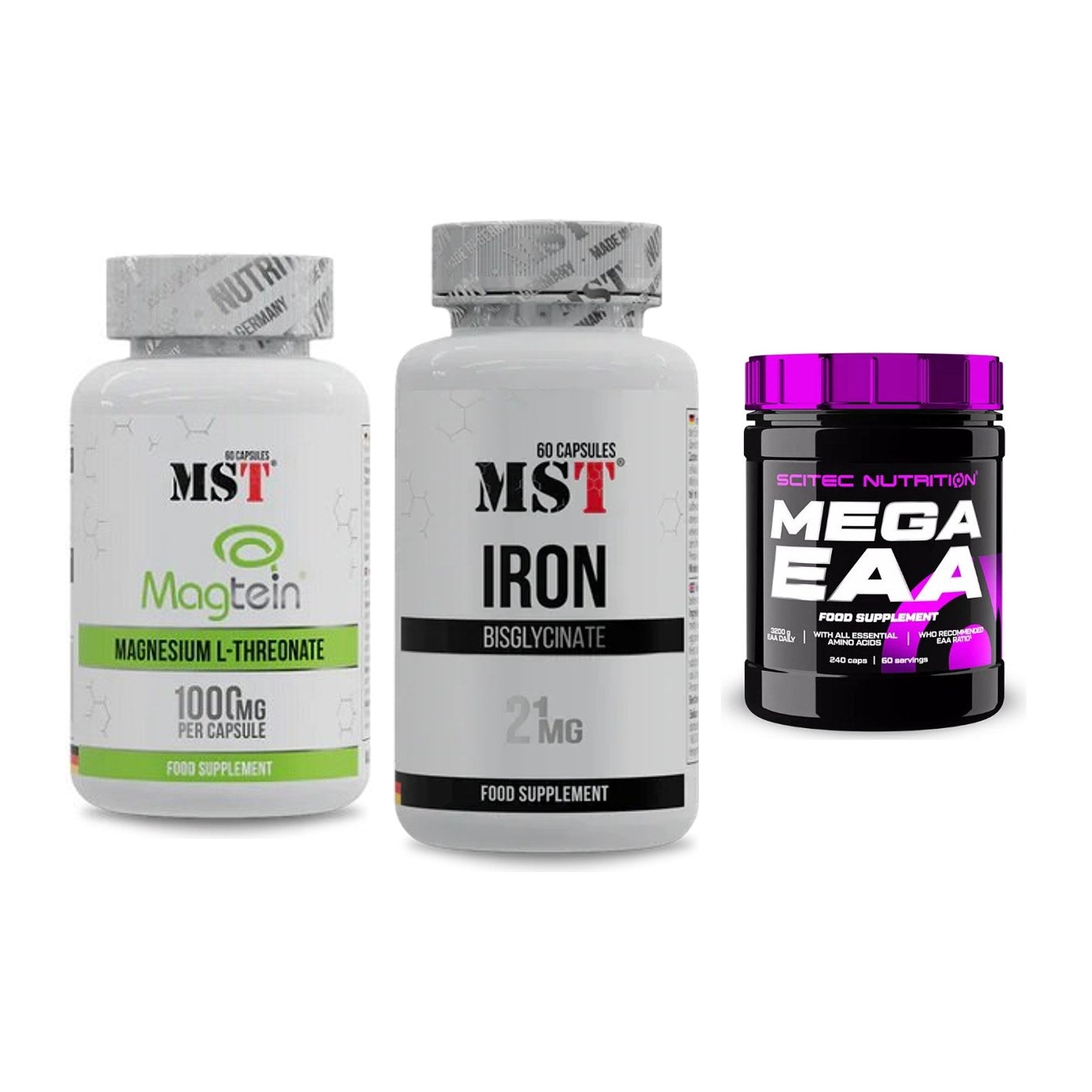 Ausdauer-Set: MST Magnesium + MST Iron Bisglyc + Scitec Mega EAA – alle enthaltenen Artikel